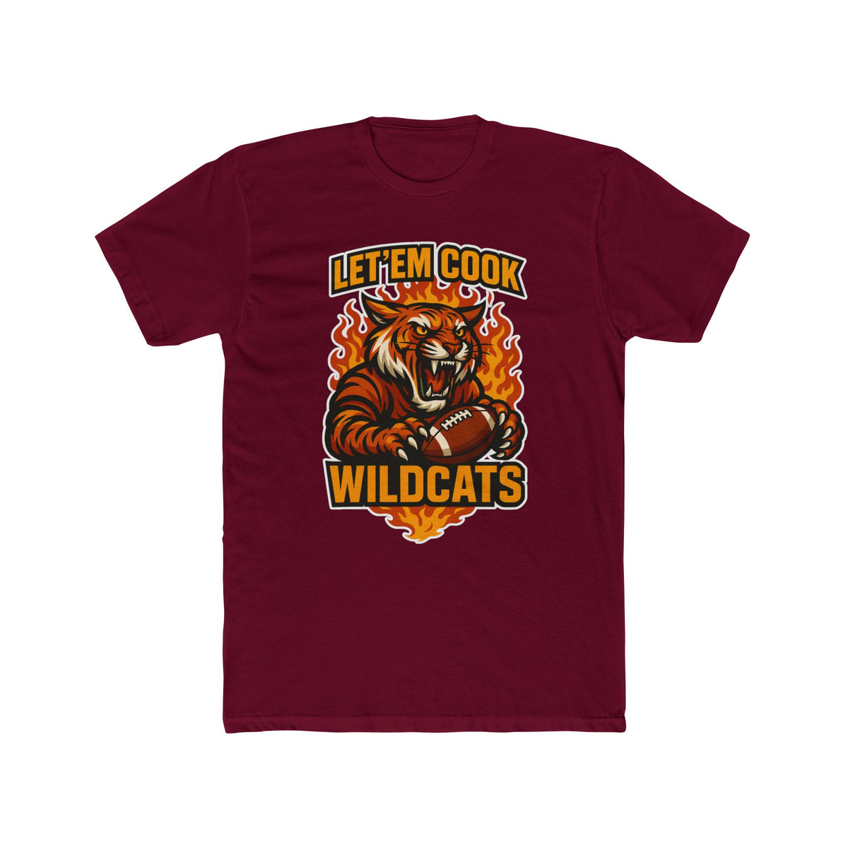 Maroon t-shirt with a tiger graphic and 'Wildcats' text on a white background