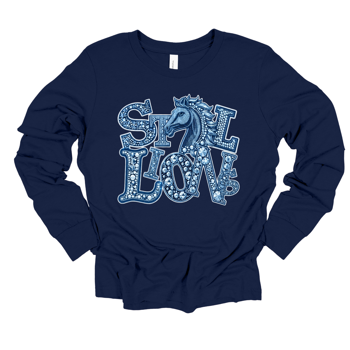 A navy blue long-sleeve t-shirt with a graphic on the chest featuring the words 'ST. LON' in a decorative, patterned font with a horse head integrated into the design, displayed on a solid white background.