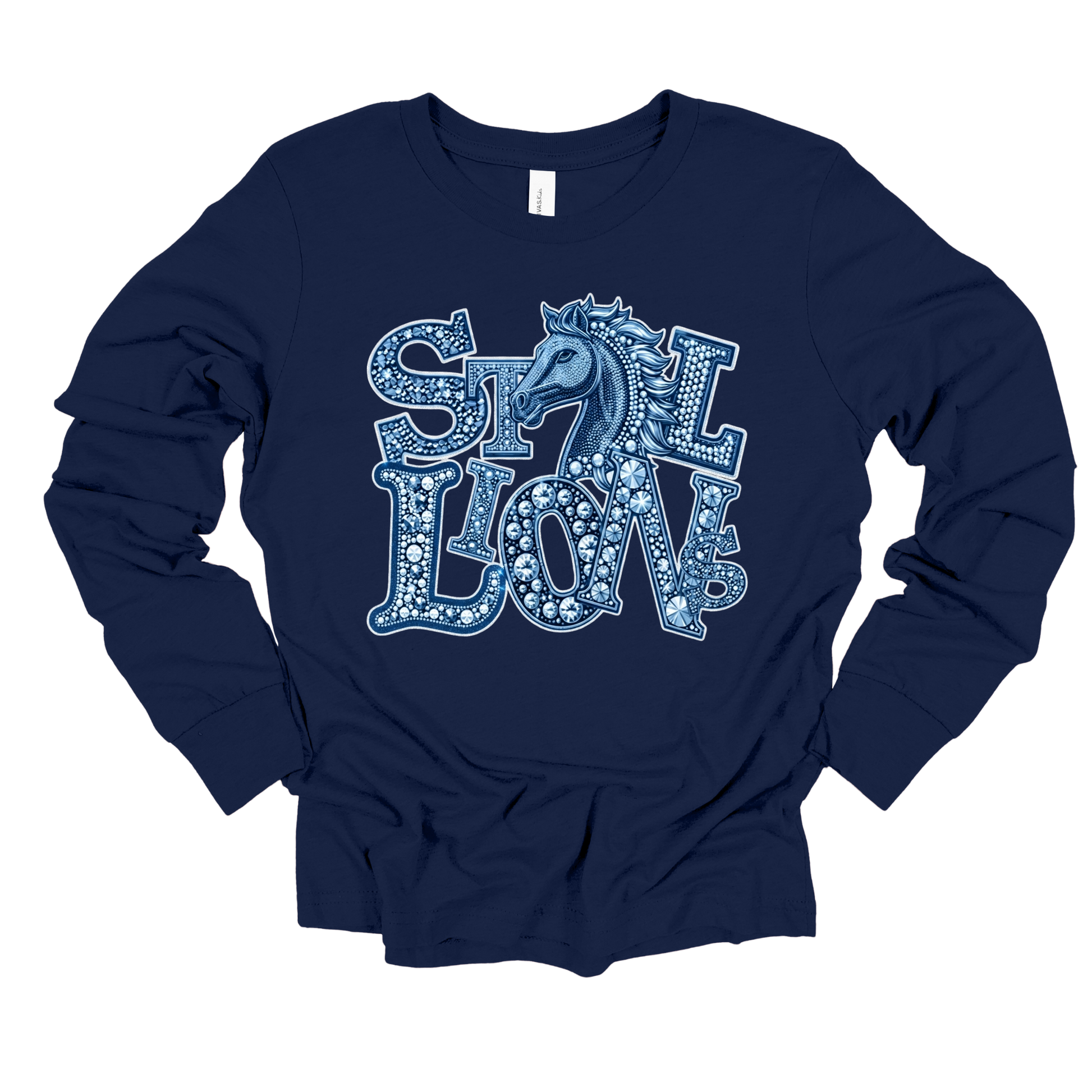 A navy blue long-sleeve t-shirt with a graphic on the chest featuring the words 'ST. LON' in a decorative, patterned font with a horse head integrated into the design, displayed on a solid white background.