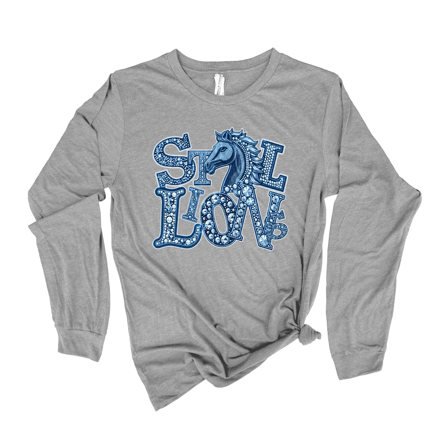 A heather gray long-sleeve t-shirt with a distressed graphic print reading 'WE ARE' in white, overlaid with 'Stallions' in light blue script. The shirt is styled with a knot at the bottom hem and is photographed flat against a white background.