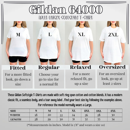 Size chart for Gildan 64000 t-shirts showing different fits and corresponding sizes.