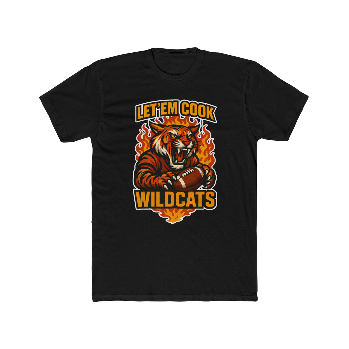 Black t-shirt with a tiger graphic and text 'Let'em Cook Wildcats' on a white background
