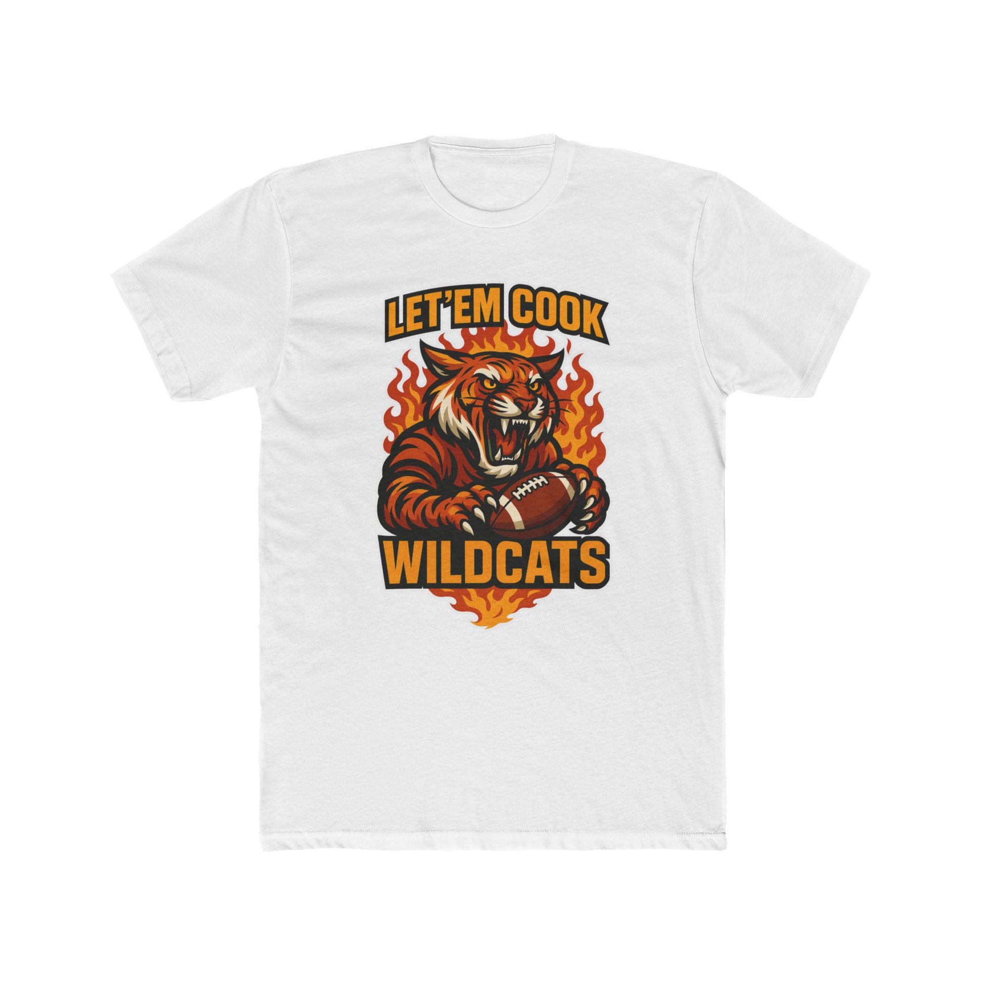 White t-shirt with a tiger graphic and text 'Let’em Cook Wildcats' on a white background
