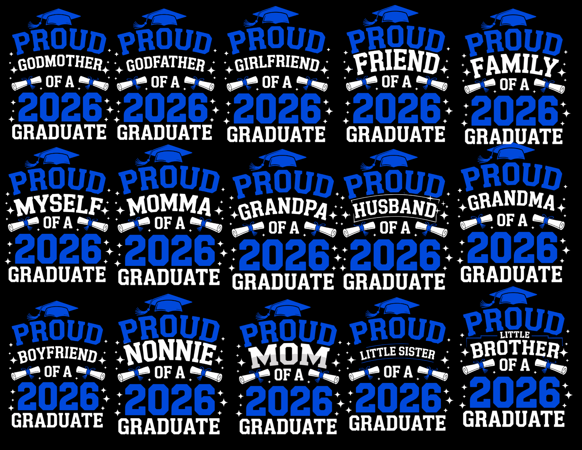 Collection of 'Proud' family roles t-shirts for 2026 graduates on a black background