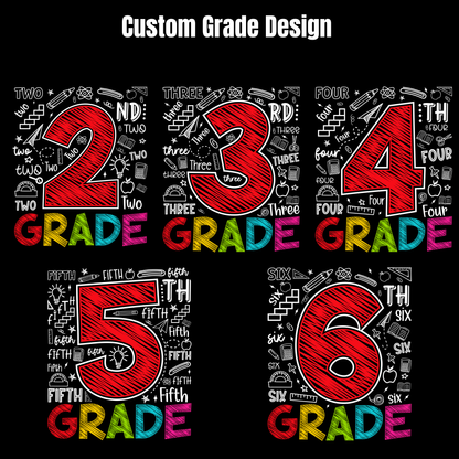 Four custom grade designs on a black background, labeled 'Custom Grade Design' at the top. Each design features a large red hand-drawn number from 2 to 6 surrounded by white school-themed doodles, with 'GRADE' written below in multicolored letters.