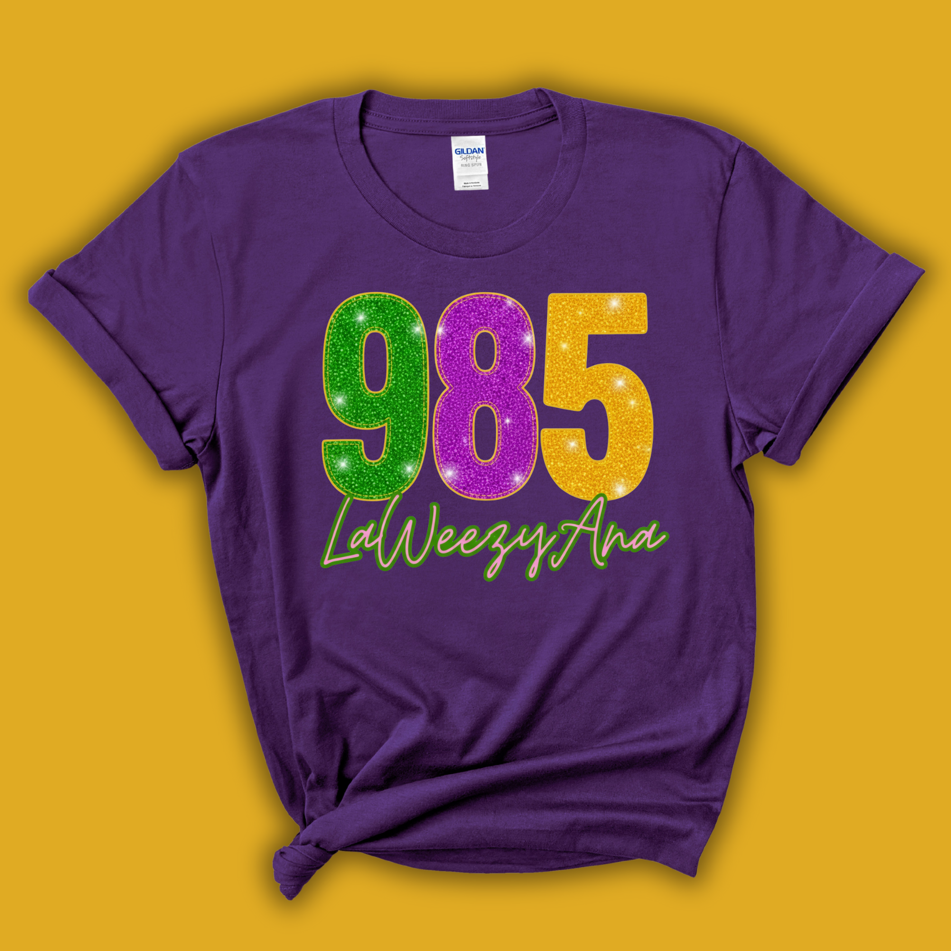 Purple t-shirt with colorful numbers and text on a yellow background