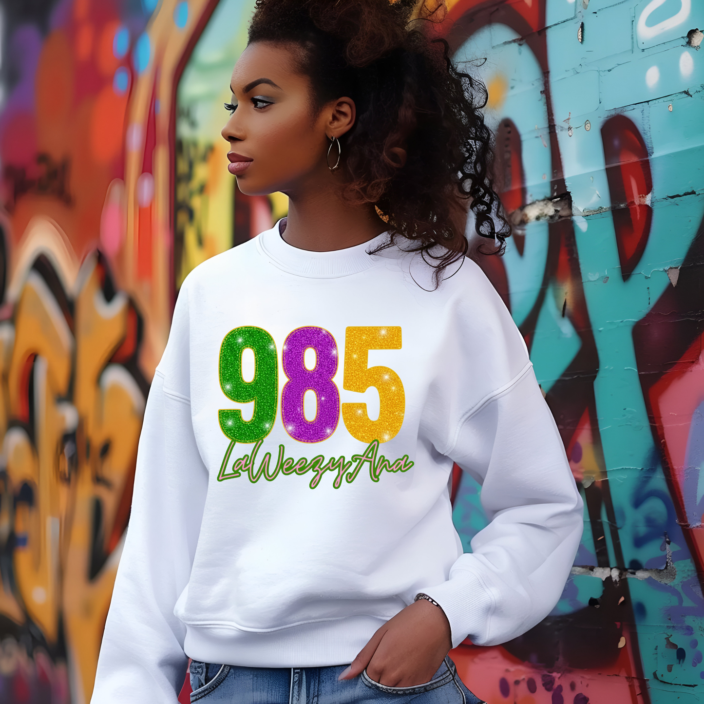 Person wearing a white sweatshirt with colorful text in front of a graffiti wall.