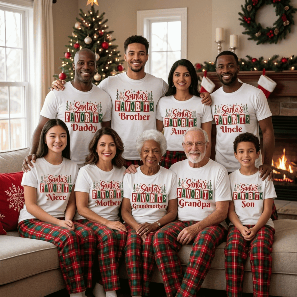 Custom "Santa's Favorite" Christmas Shirt  | Matching Family Holiday Tee Customizable white crewneck sweatshirts featuring a festive 'Santa's Favorite' Christmas graphic for Grandma, Daddy, and family holiday matching.