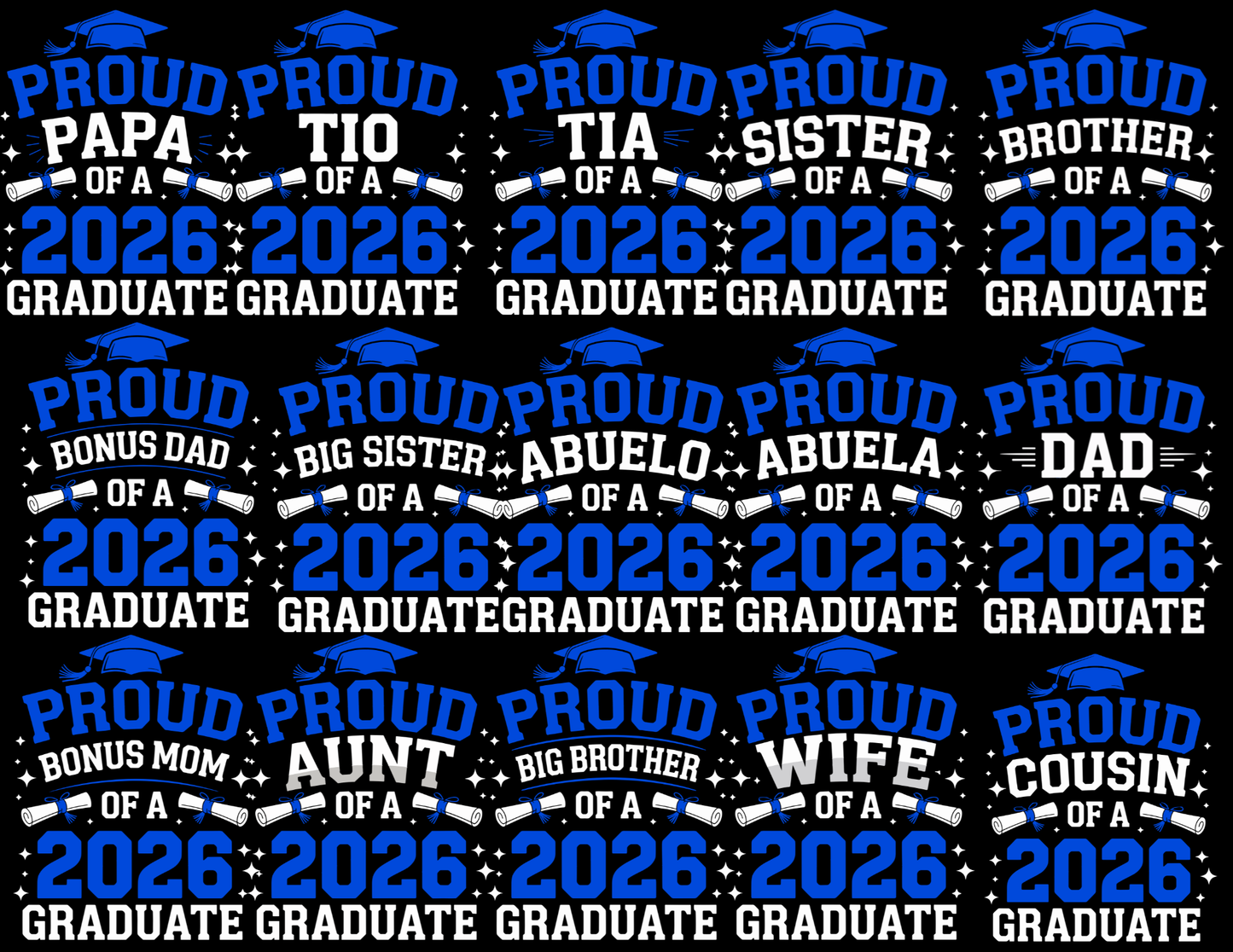 Collection of text graphics celebrating 2026 graduates with various family roles in blue and white.