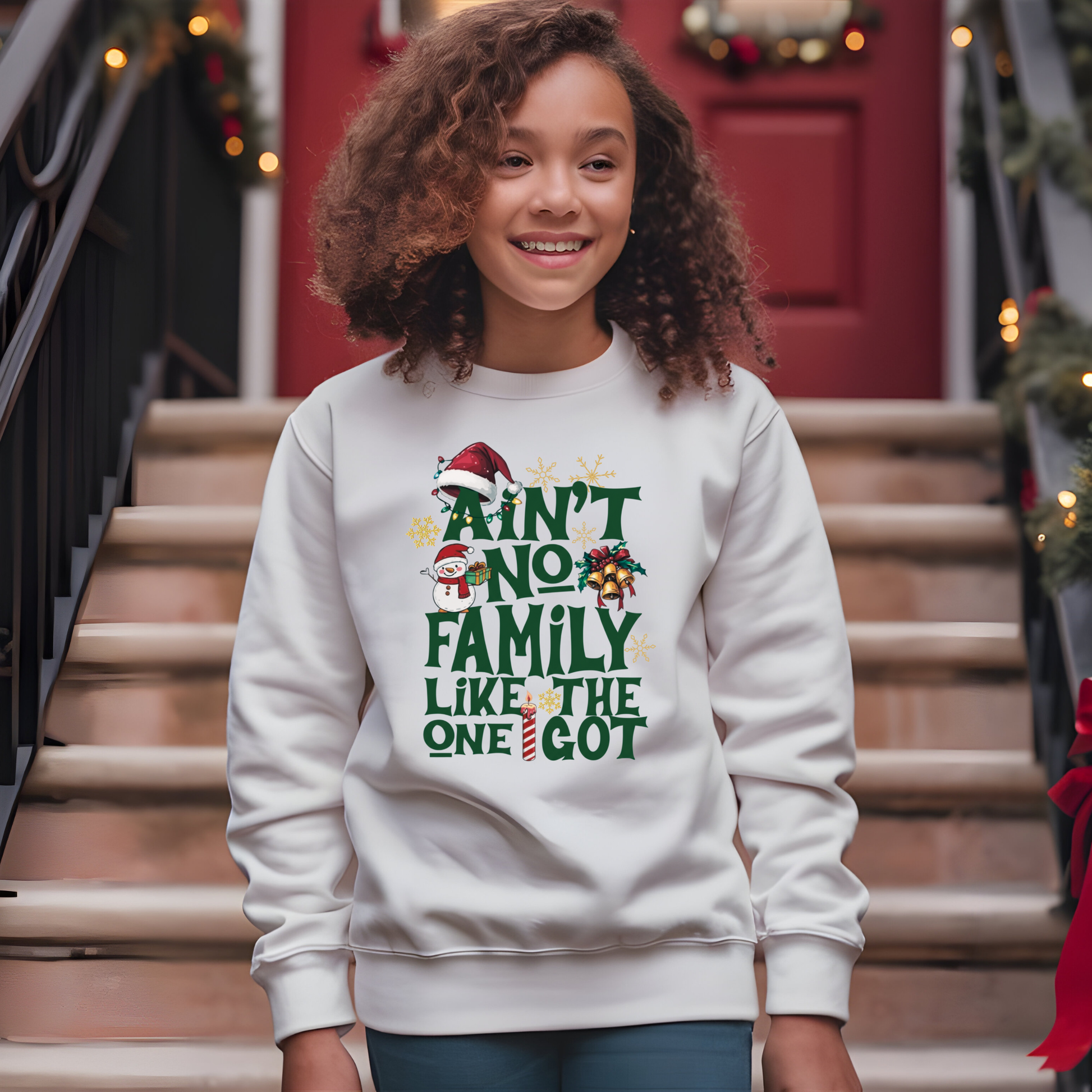 Young girl wearing a white sweatshirt with Christmas-themed text and graphics, standing on steps.