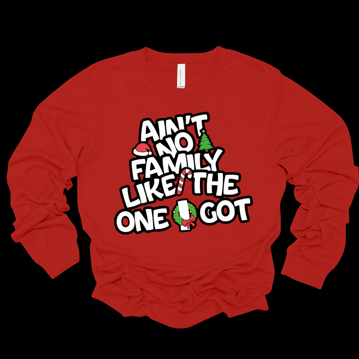 Red sweatshirt with humorous text design on a black background