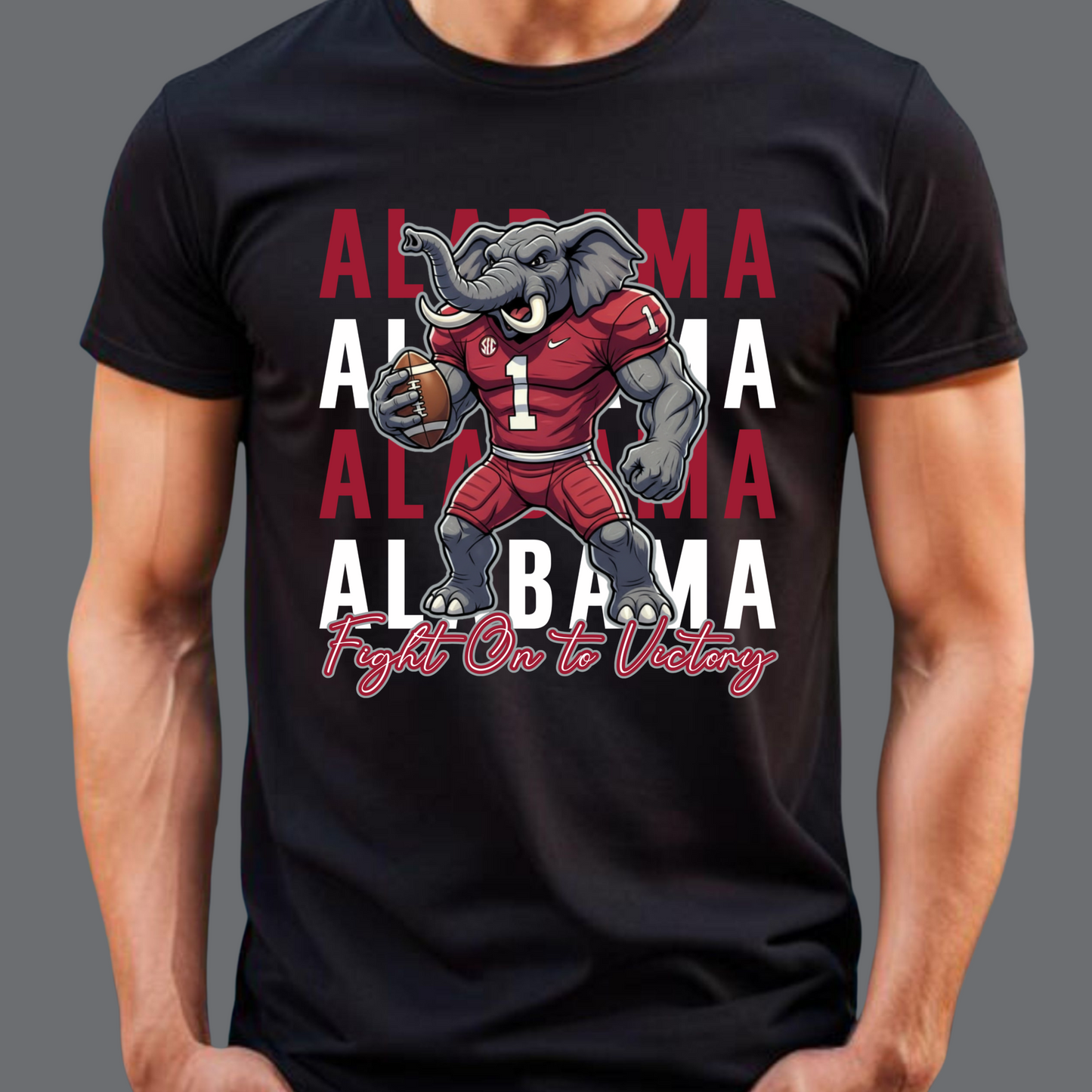Black t-shirt with Alabama football graphic and text on a gray background   Alabama Football T-Shirt:  "Fight on to Victory" Alabama Crimson Pride Tee