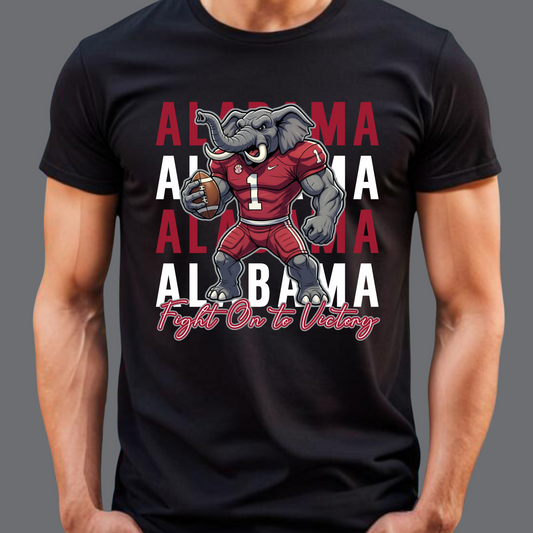 Black t-shirt with Alabama football graphic and text on a gray background   Alabama Football T-Shirt:  "Fight on to Victory" Alabama Crimson Pride Tee