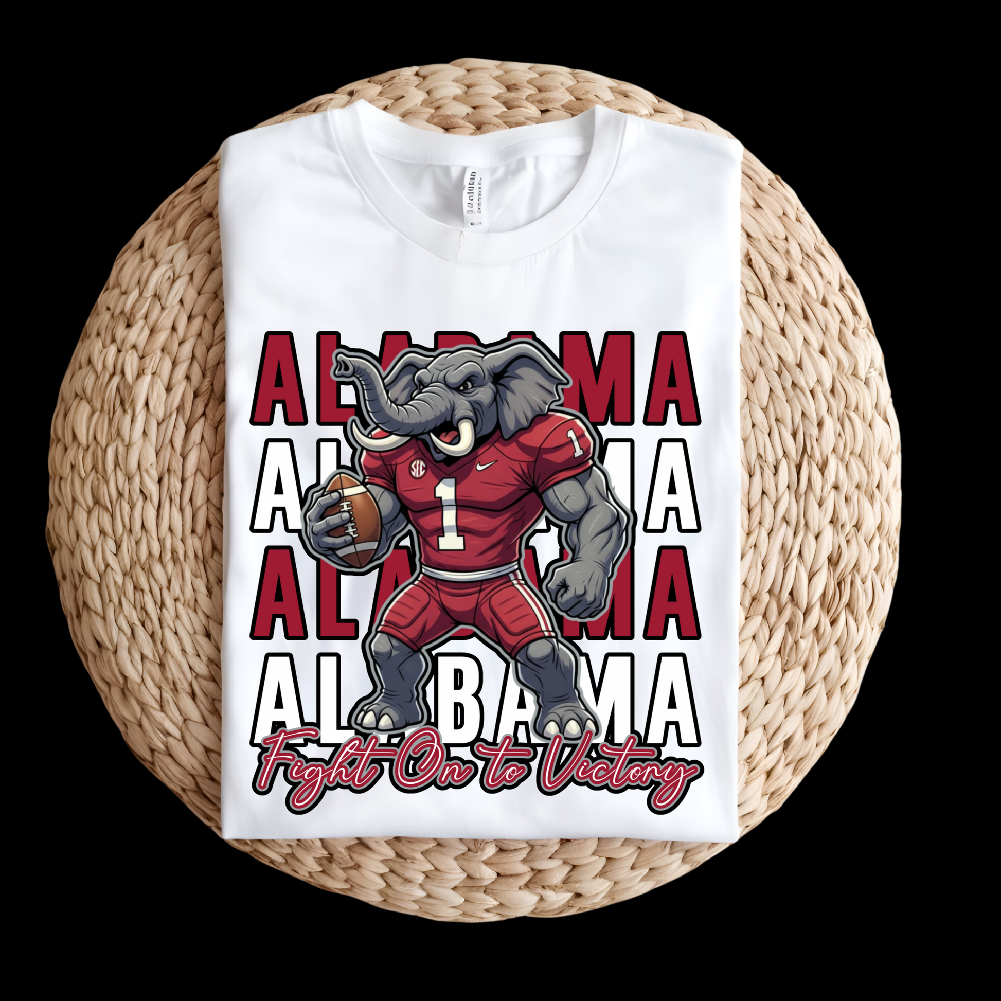 White t-shirt with Alabama football-themed design on a woven surface  Alabama Football T-Shirt:  "Fight on to Victory" Alabama Crimson Pride Tee