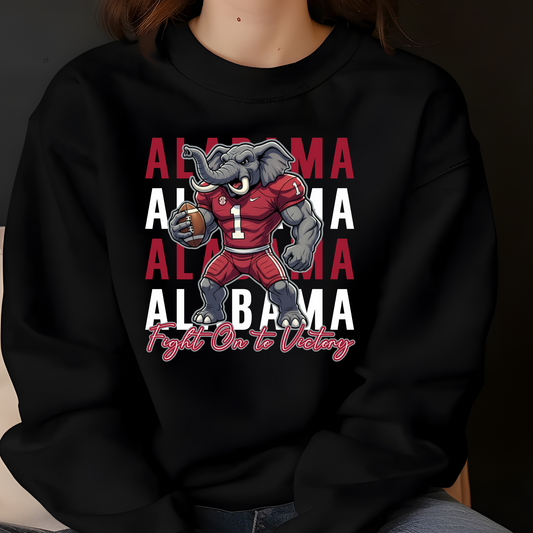 Black sweatshirt with a graphic of an elephant in a red jersey holding a football, surrounded by 'Alabama' text.