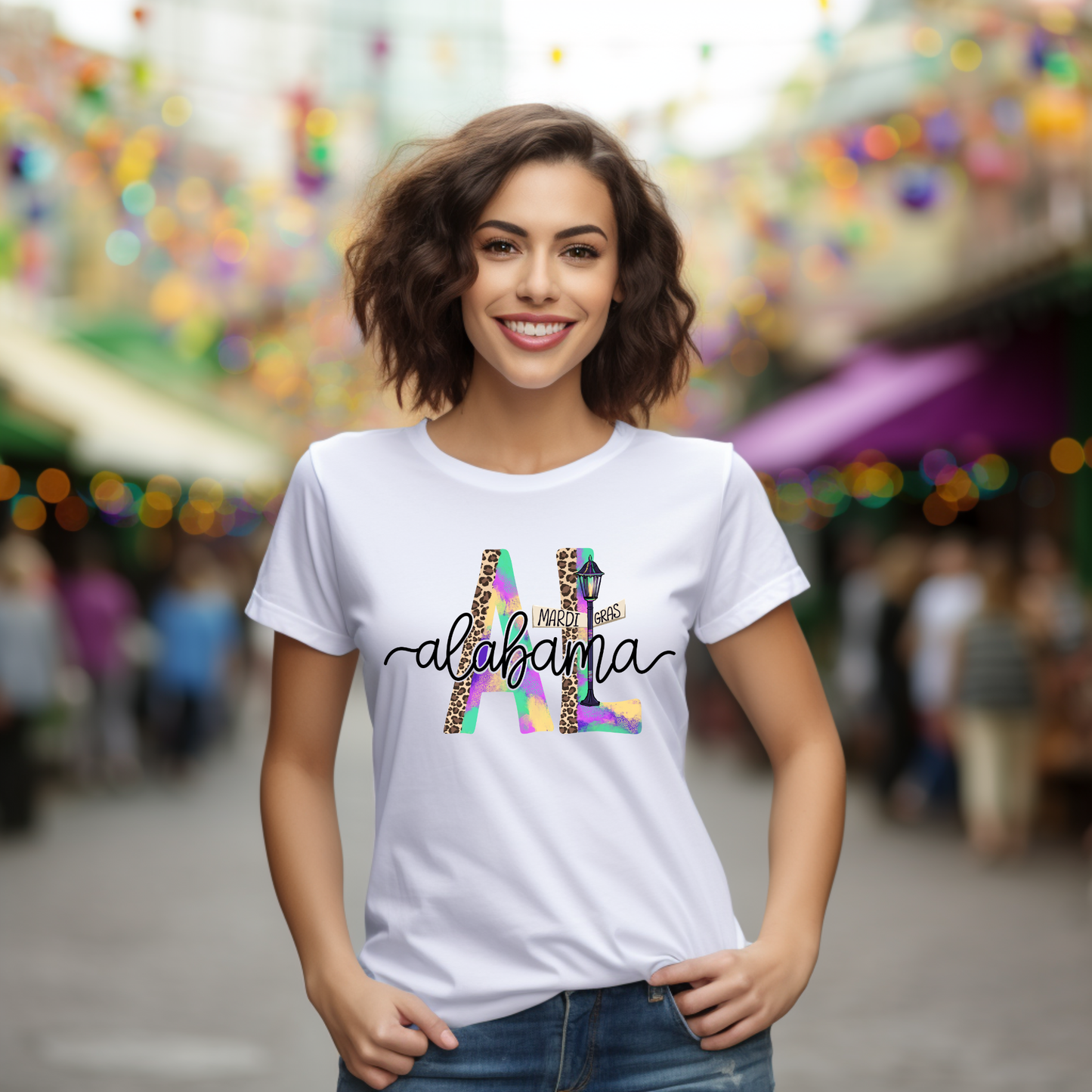 Woman wearing a white t-shirt with 'Alabama' design in a colorful setting