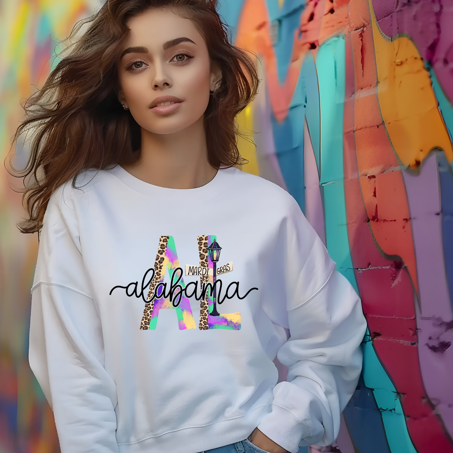 Woman wearing a white sweatshirt with colorful 'Alabama' design against a multicolored abstract background