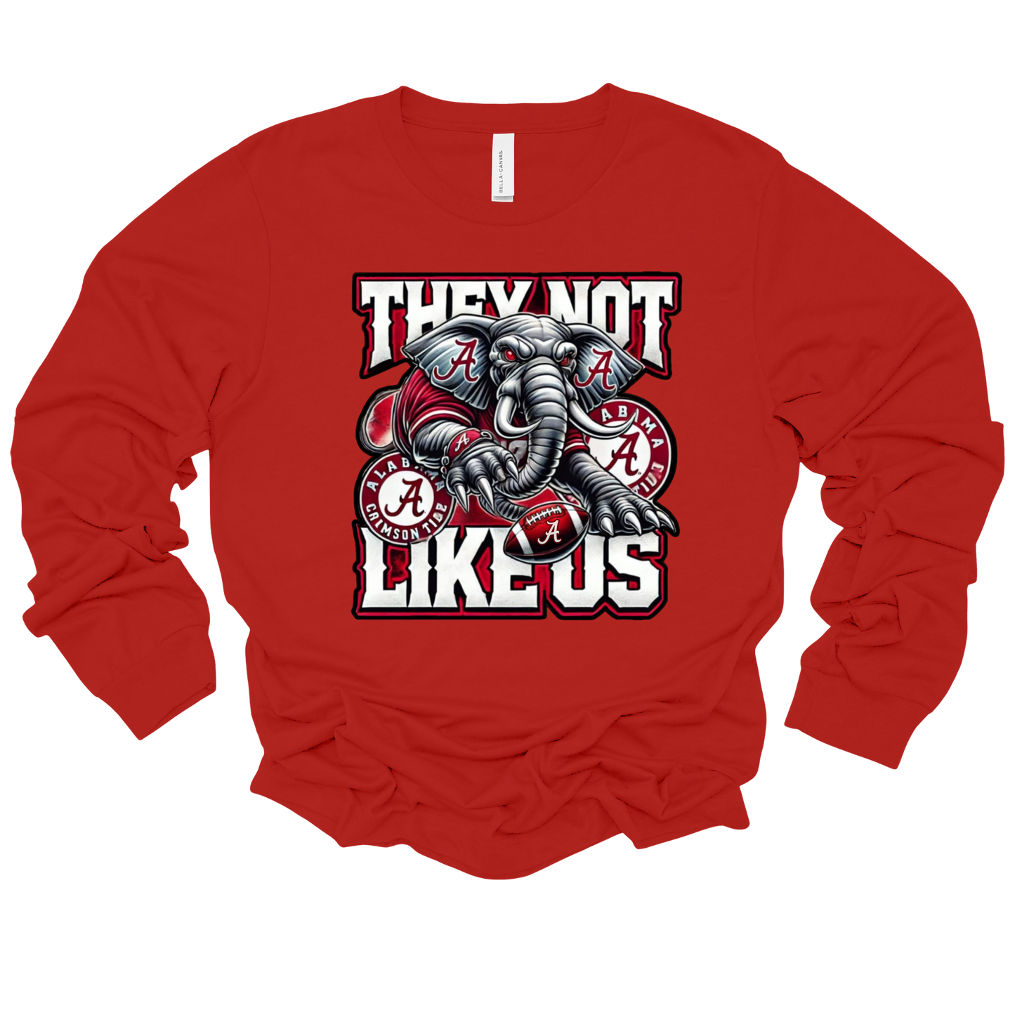 A red long-sleeve t-shirt with a graphic of an Alabama Crimson Tide elephant mascot holding a football, with the text 'THEY NOT LIKE-US' in white and red lettering.