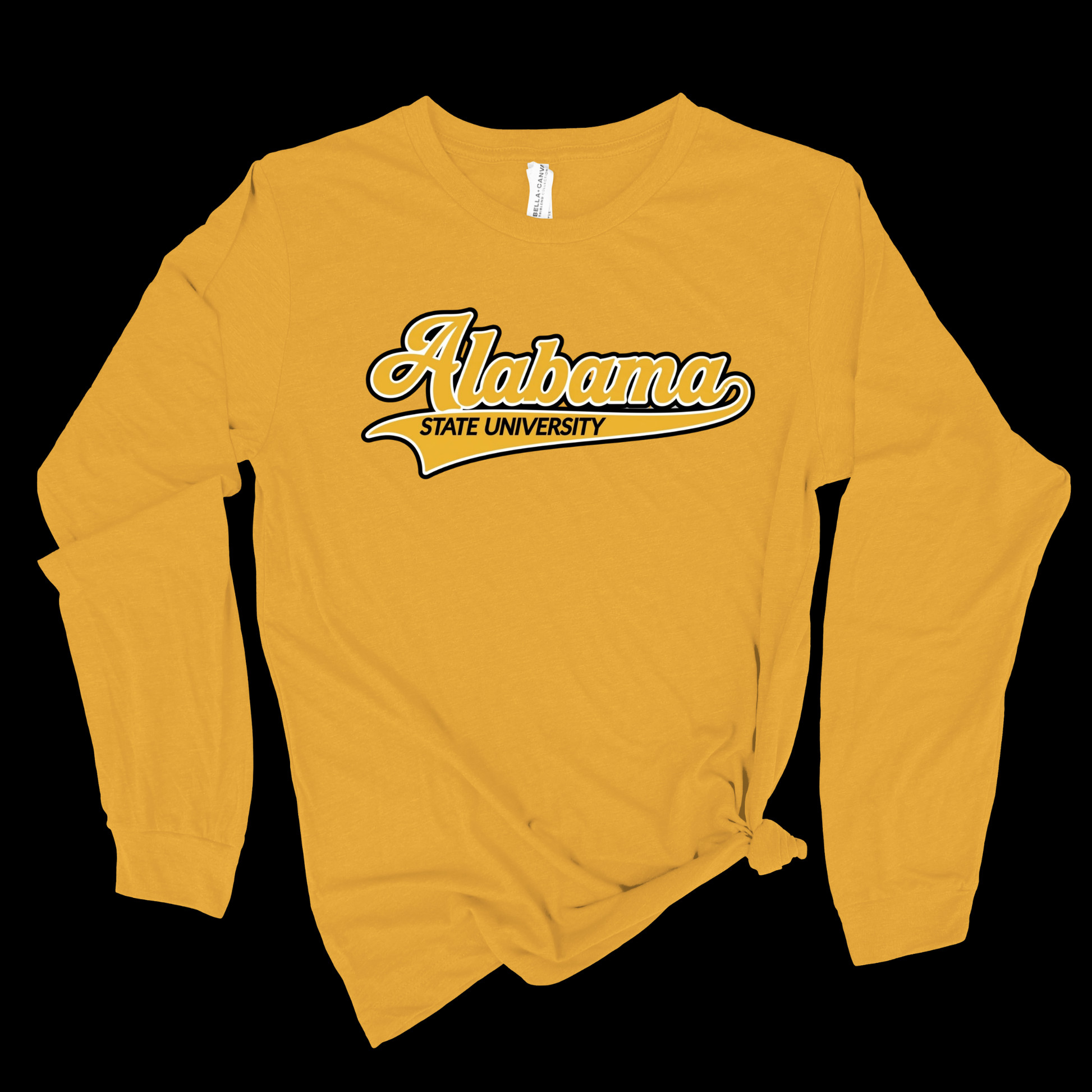 A mustard yellow long-sleeve t-shirt with 'Alabama State University' printed in white and black across the chest, styled with a knot at the bottom hem against a solid black background.