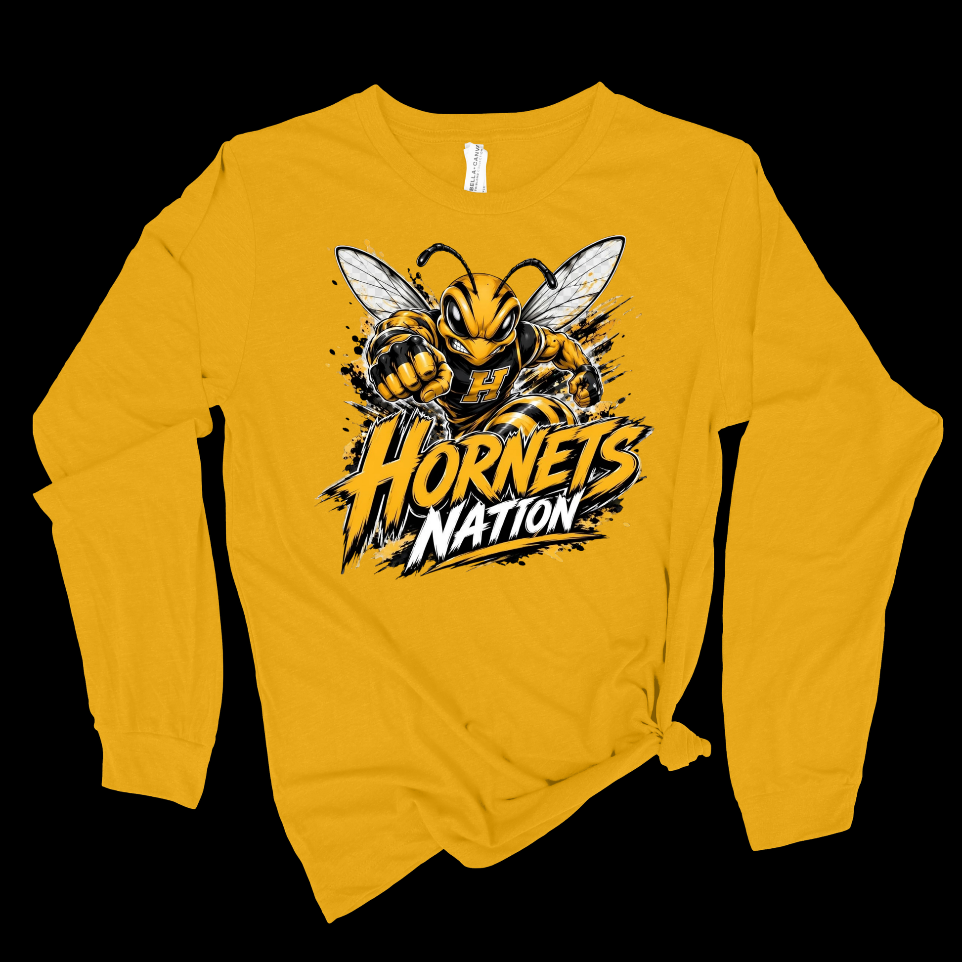 A yellow long-sleeve t-shirt with a graphic of a hornet and the text 'Hornets Nation' on the front, displayed flat against a black background.