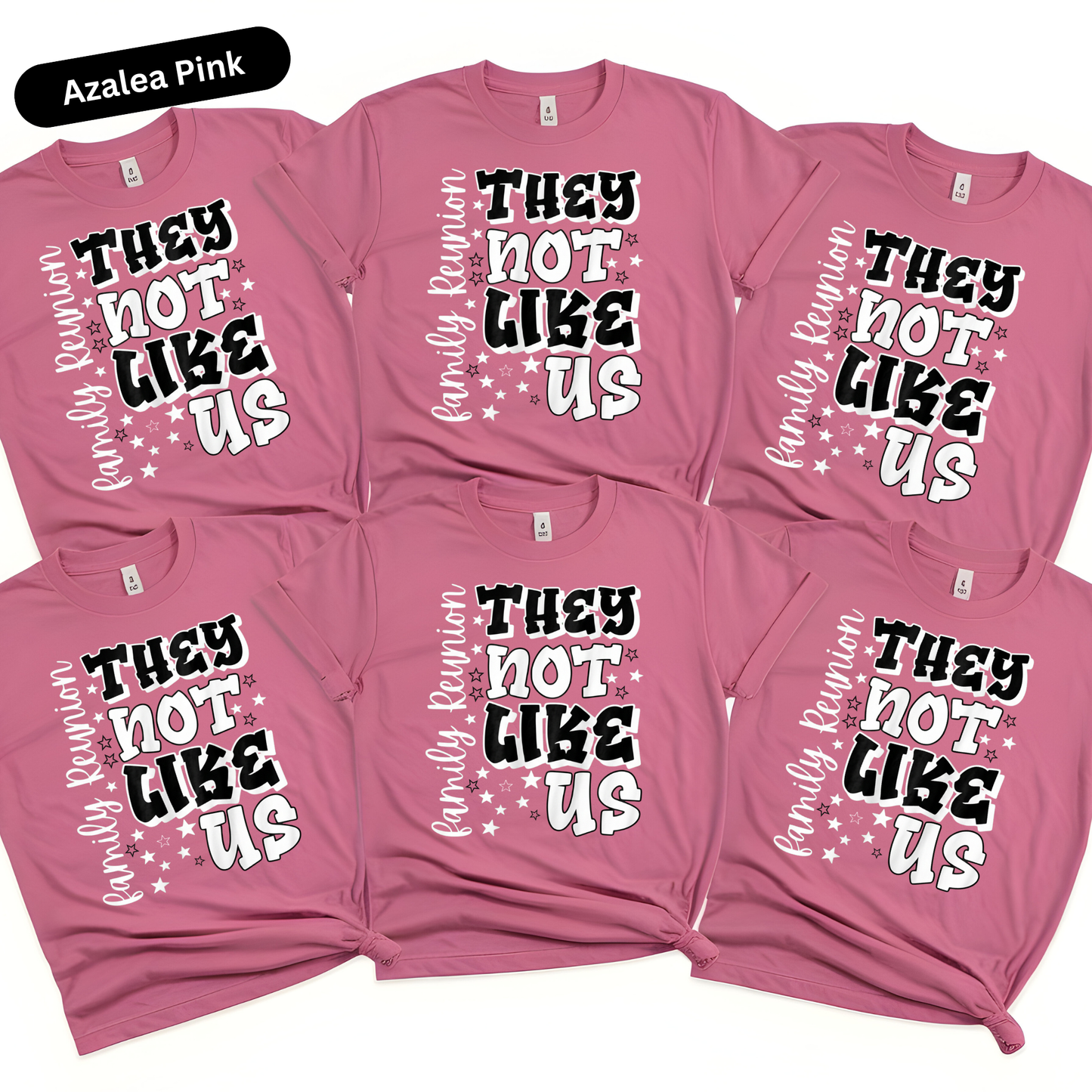 Pink t-shirts with text 'They not like us' on a white background