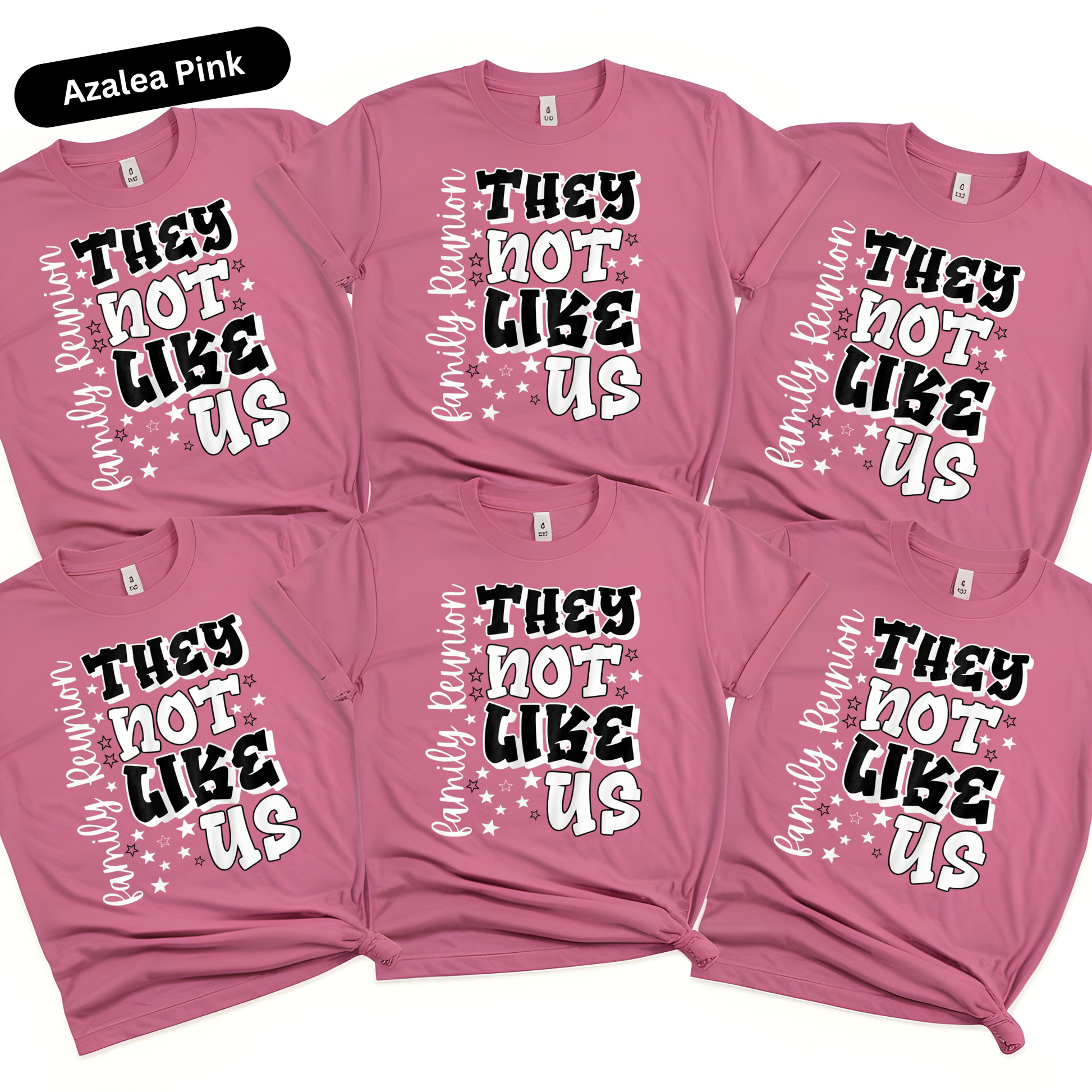 Pink t-shirts with text 'They not like us' on a white background