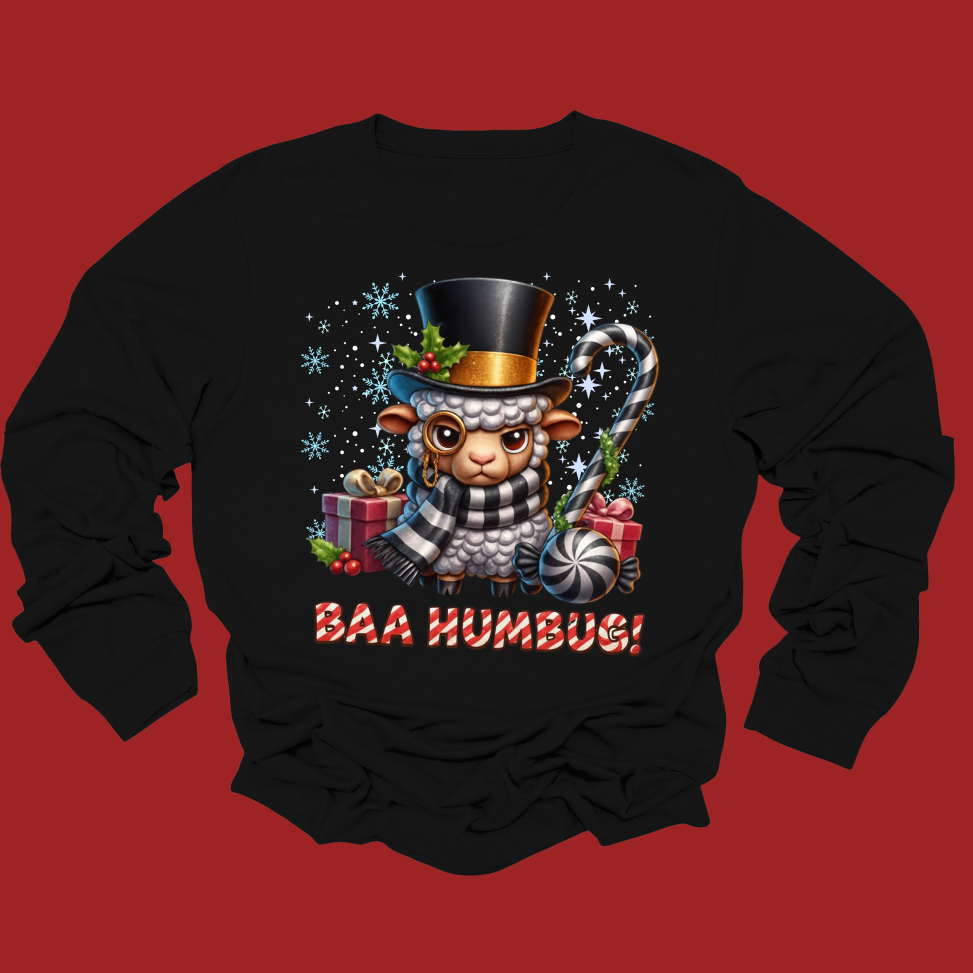 Black sweatshirt with a festive design of a sheep in a top hat and scarf, surrounded by Christmas elements on a red background.