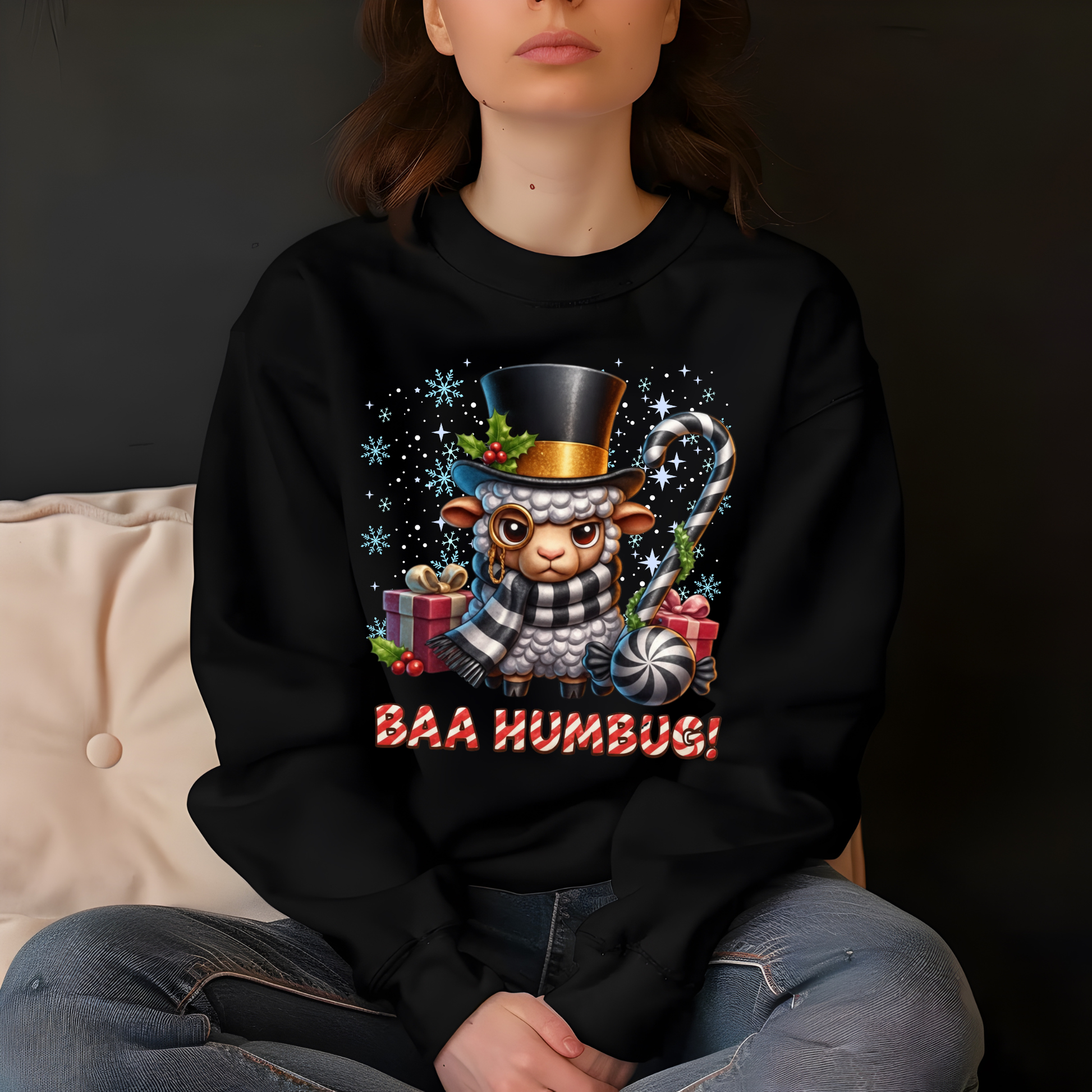 Person wearing a black sweatshirt with a Christmas-themed design featuring a lamb in a top hat and scarf, sitting on a couch.