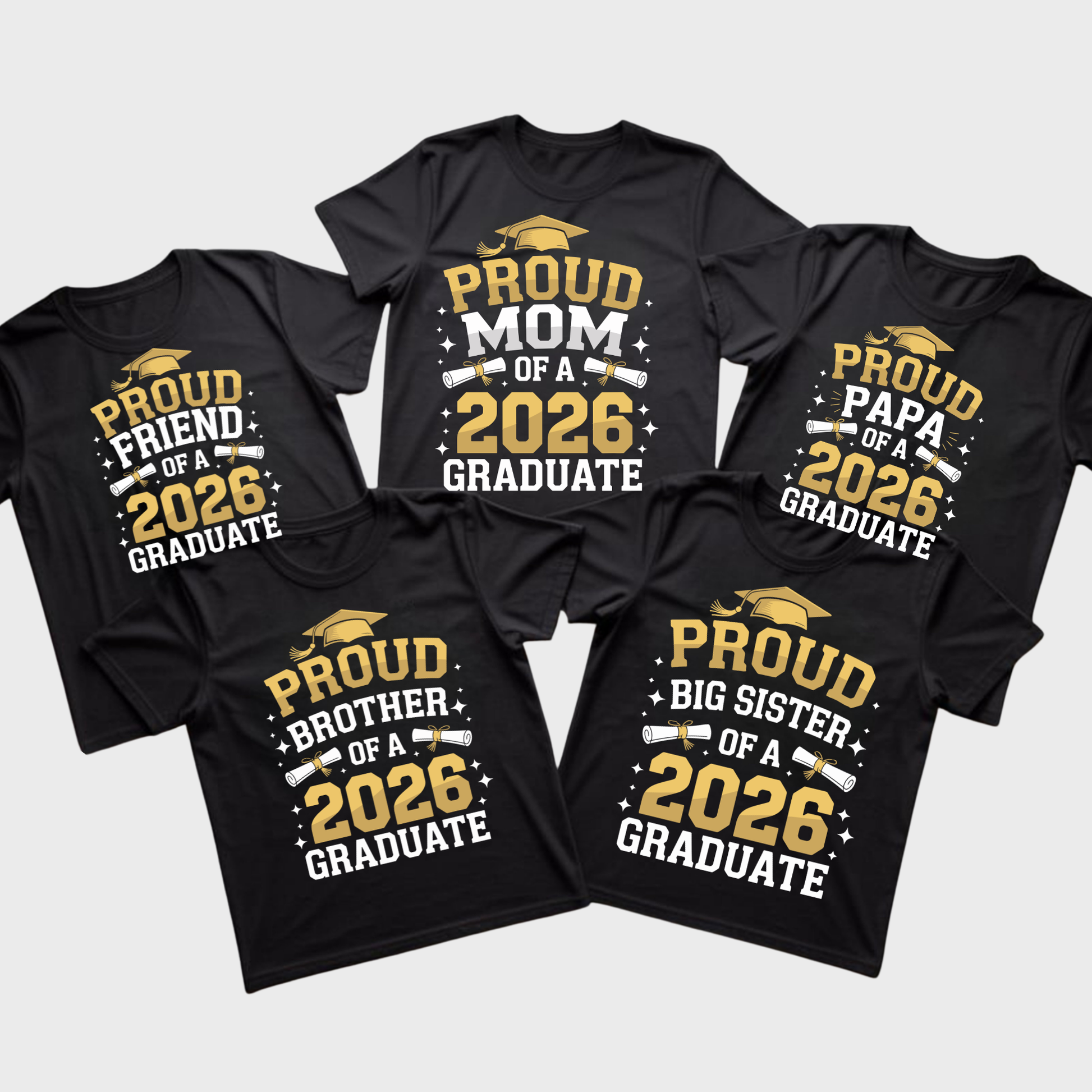 Set of black t-shirts with graduation-themed text on a white background