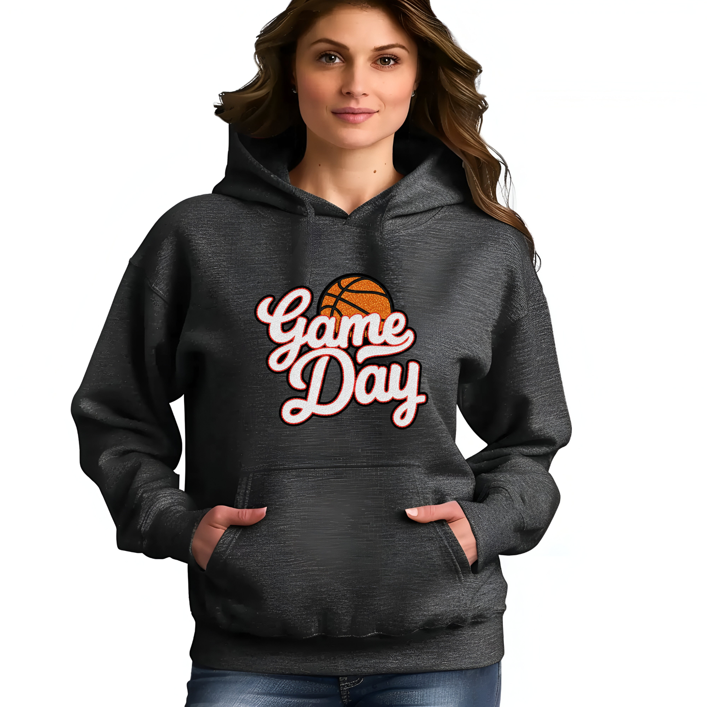 Person wearing a dark gray hoodie with 'Game Day' and a basketball graphic.