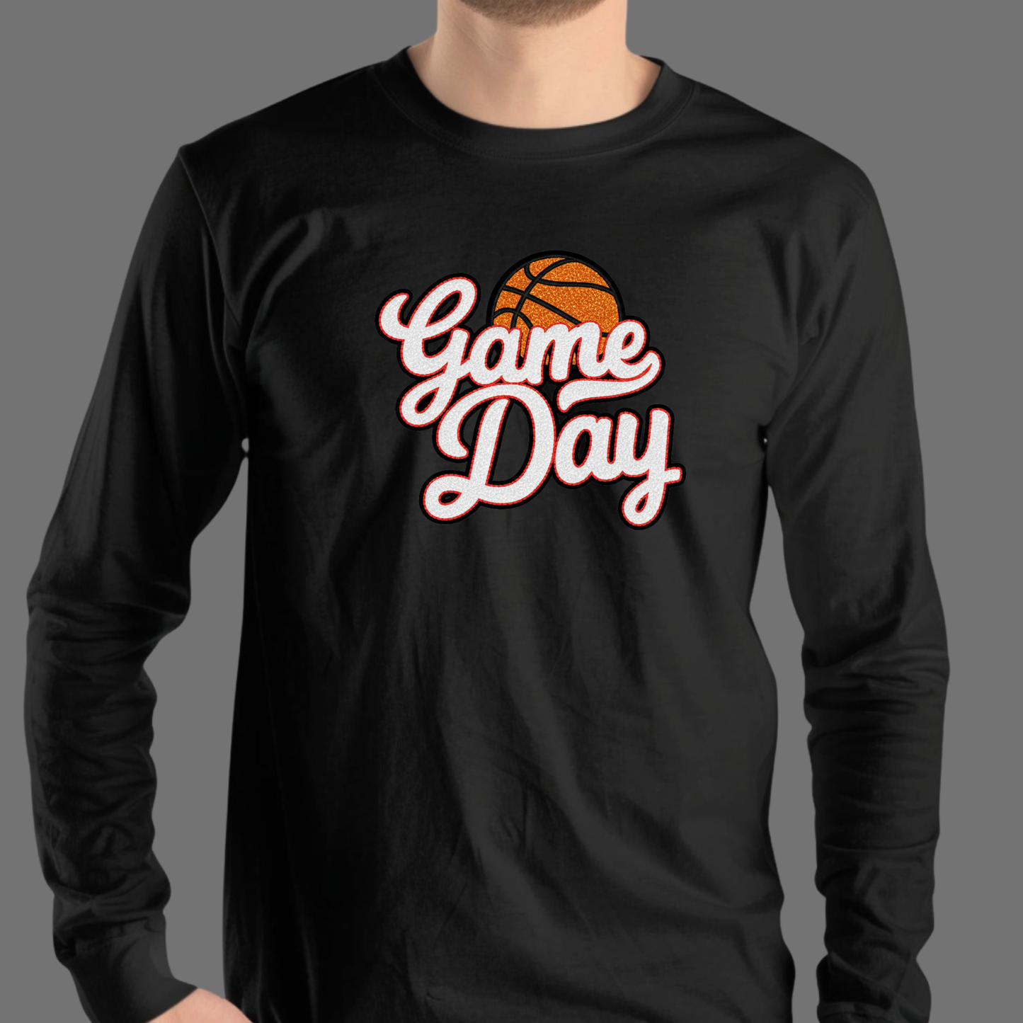 Black long-sleeve shirt with 'Game Day' and basketball graphic on a gray background