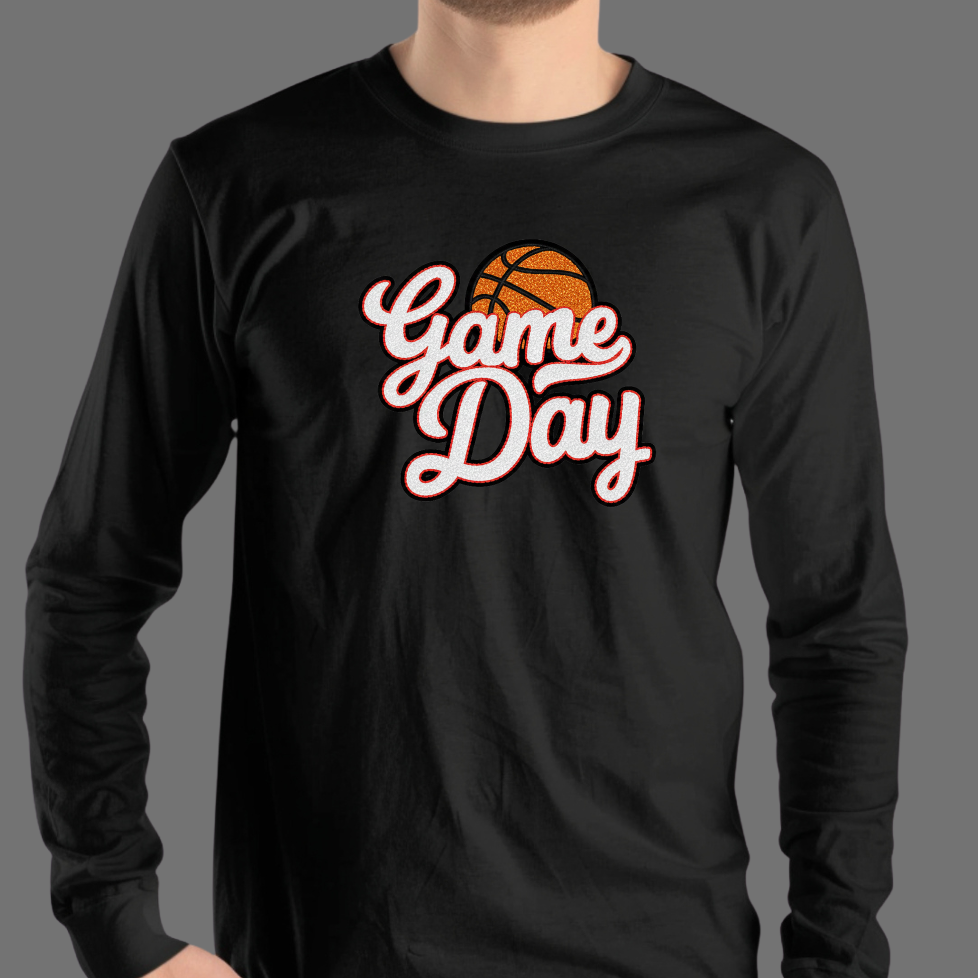Black long-sleeve shirt with 'Game Day' and basketball graphic on a gray background