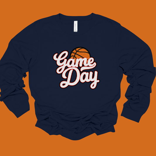 Navy blue sweatshirt with 'Game Day' and basketball graphic on an orange background