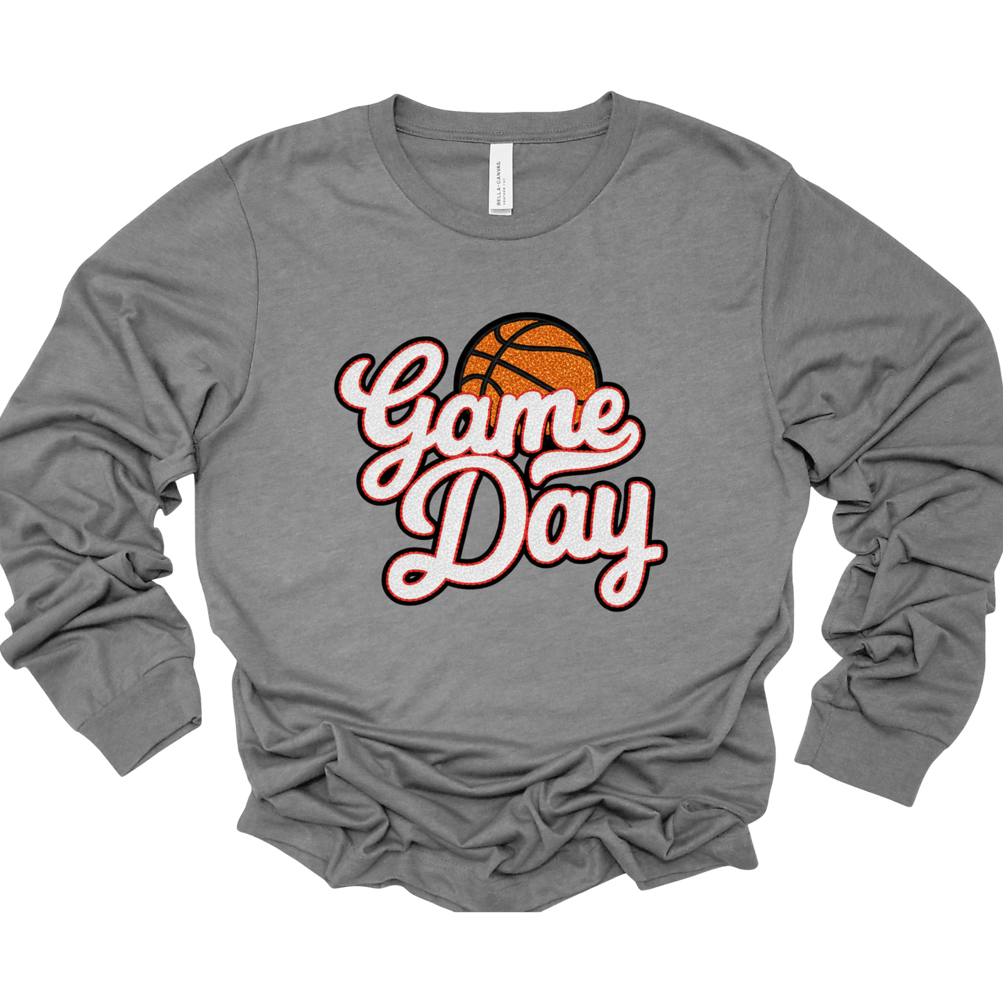 Gray long-sleeve shirt with 'Game Day' and basketball graphic on a white background