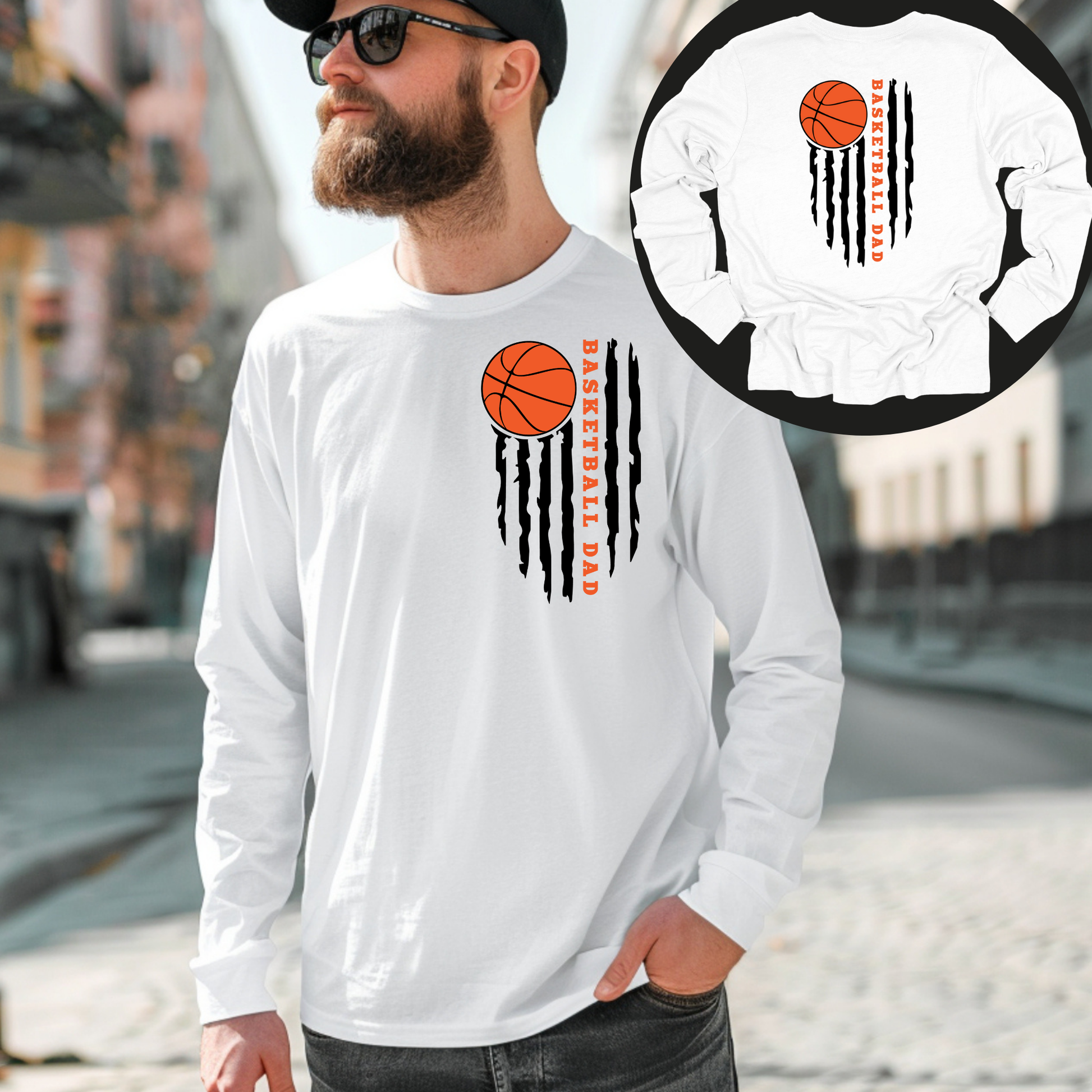 Basketball Dad Long Sleeve Shirt: "Basketball Dad" Front and Back Flag Design Basketball Dad: A perfect gift for basketball dads who want to proudly cheer on their children from the sidelines with a distinctive and stylish shirt.