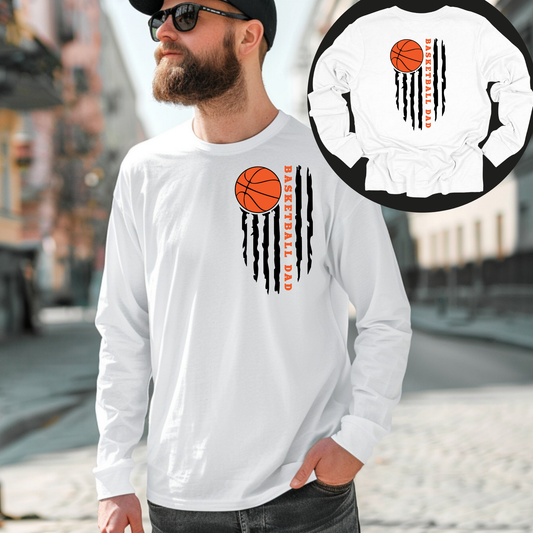 Basketball Dad Long Sleeve Shirt: "Basketball Dad" Front and Back Flag Design Basketball Dad: A perfect gift for basketball dads who want to proudly cheer on their children from the sidelines with a distinctive and stylish shirt.