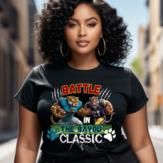 Woman wearing a black t-shirt with 'Battle in the Bayou Classic' graphic design. Bayou Classic: Battle in the Bayou Classic Game Day Unisex T-Shirt