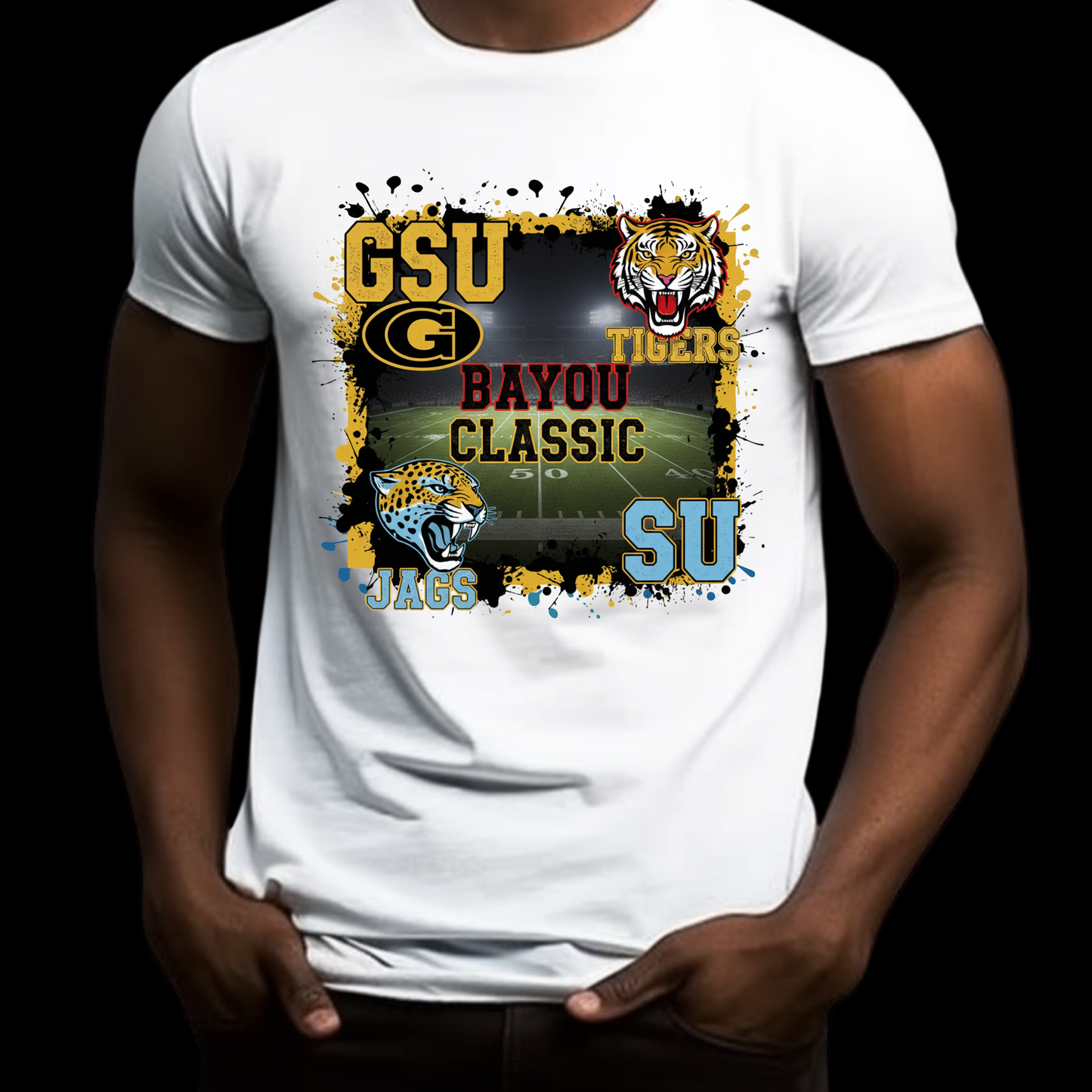 White t-shirt with sports-themed design featuring 'GSU Tigers' and 'SU Jaguars' on a black background. Bayou Classic Football T-Shirt - Grambling State GSU Tigers vs. Southern University SU Jags Tee