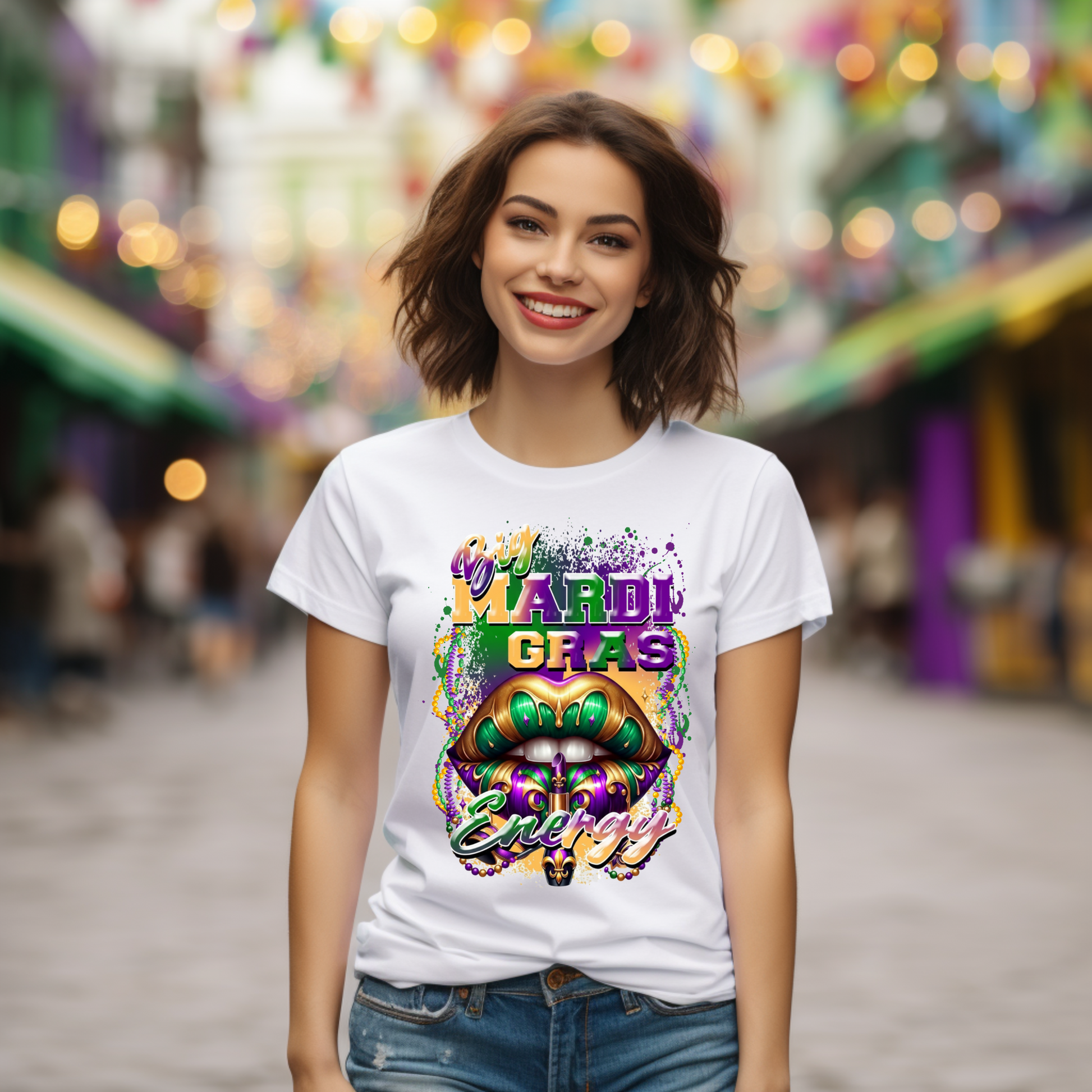 Woman wearing a Mardi Gras-themed t-shirt with colorful design in a festive setting.