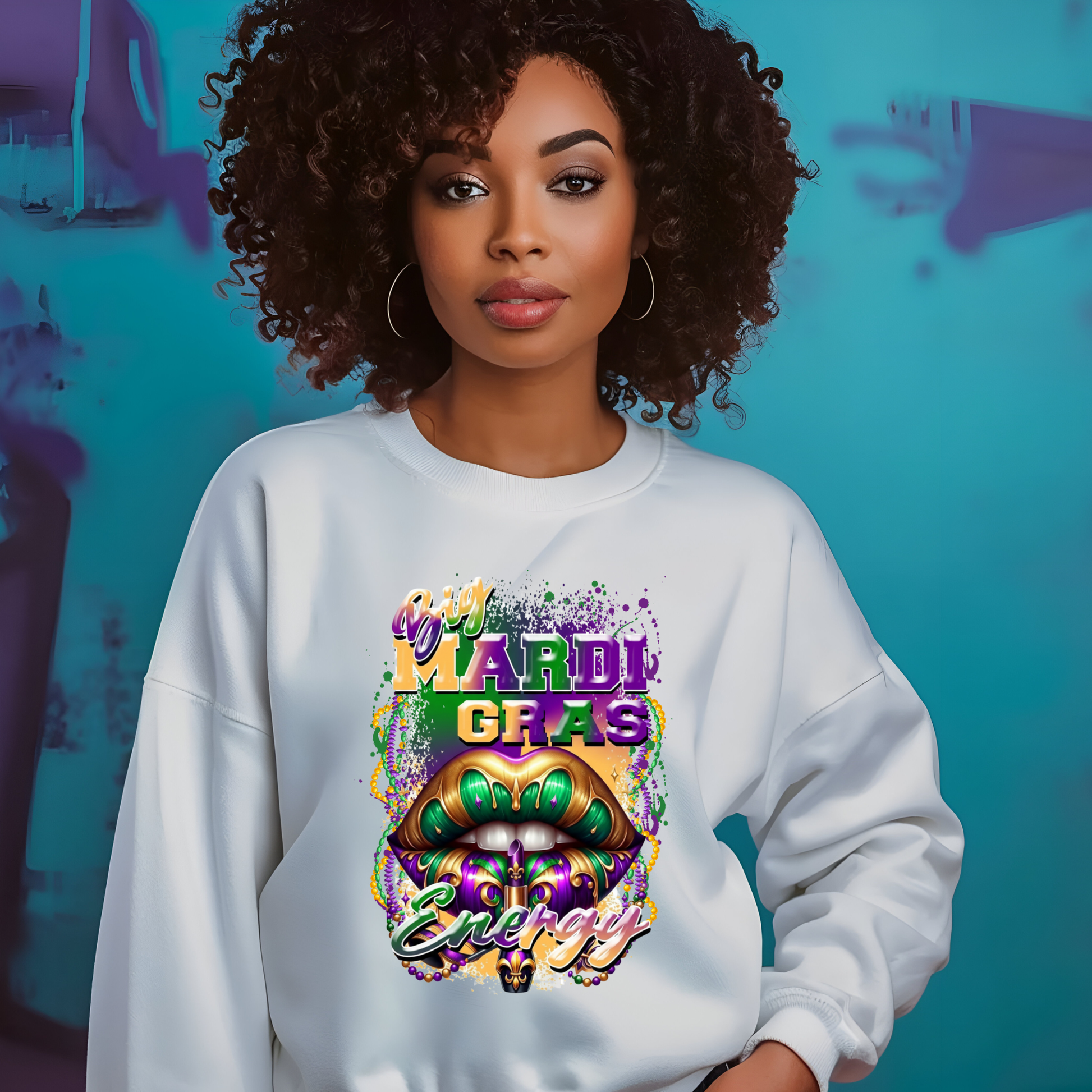 Woman wearing a white sweatshirt with Mardi Gras-themed design against a blue background