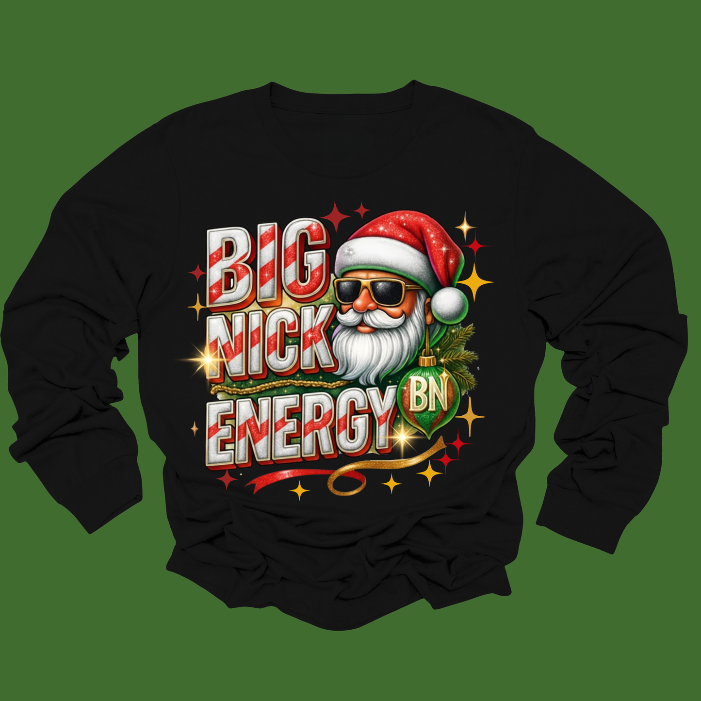 Black sweatshirt with a colorful graphic of a Santa Claus-like character and text on a green background