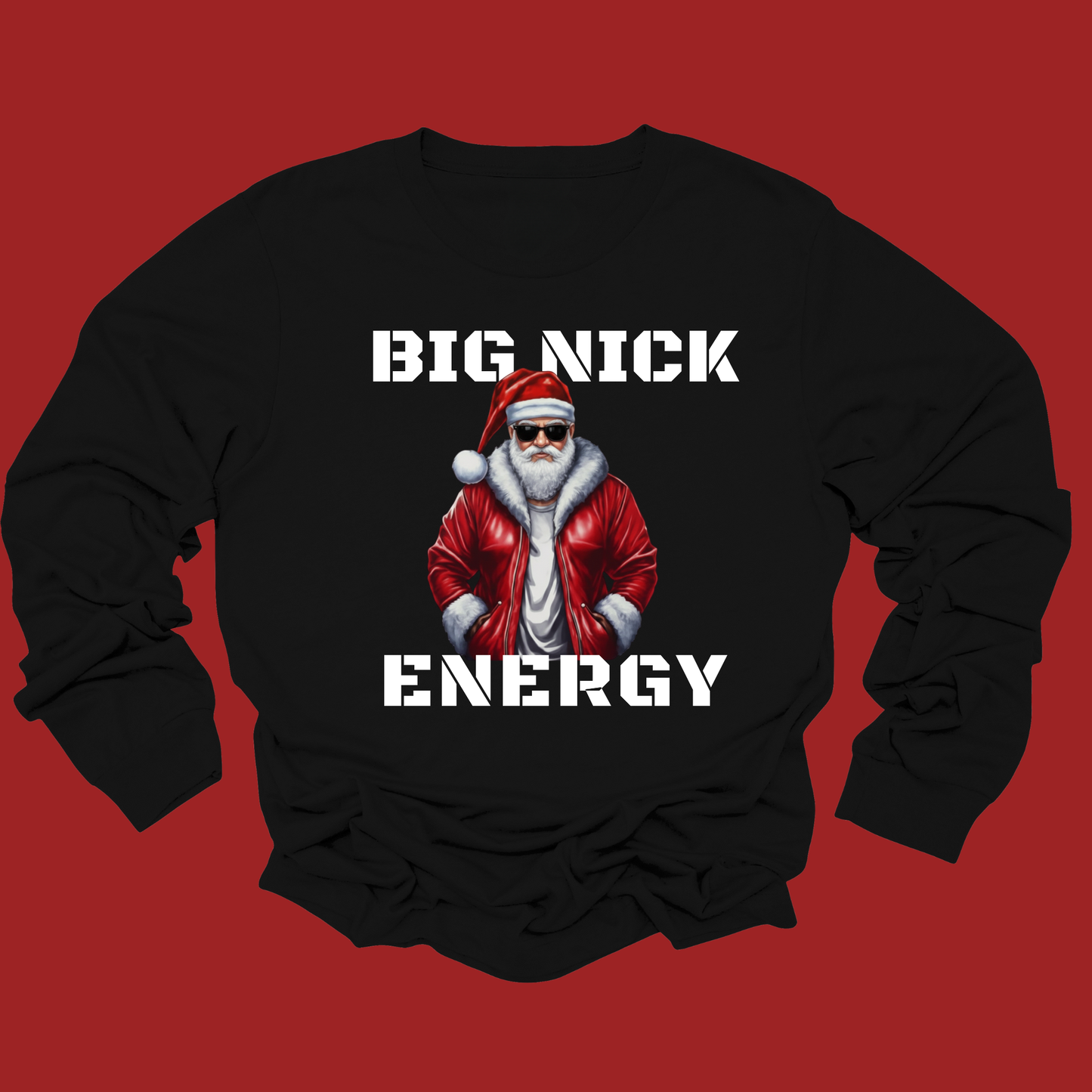Black sweatshirt with a graphic of a person in a red jacket and Santa hat, text 'BIG NICK ENERGY' on a red background.