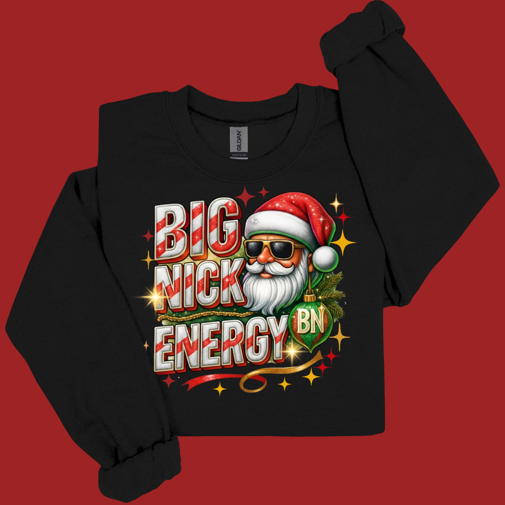Black long-sleeve shirt with a festive design featuring a Santa Claus-like character on a red background.