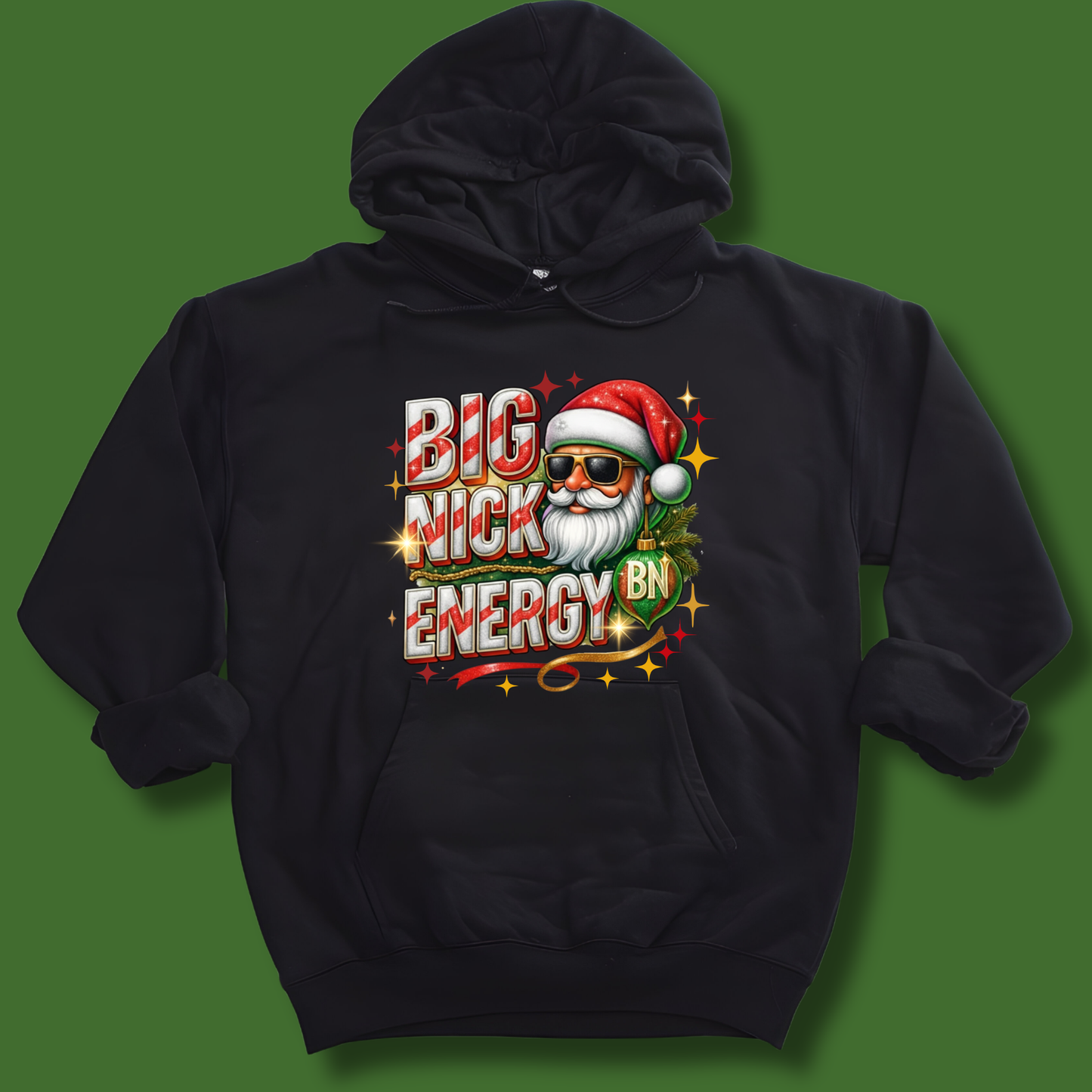 Black hoodie with a graphic of Santa Claus and text on a green background