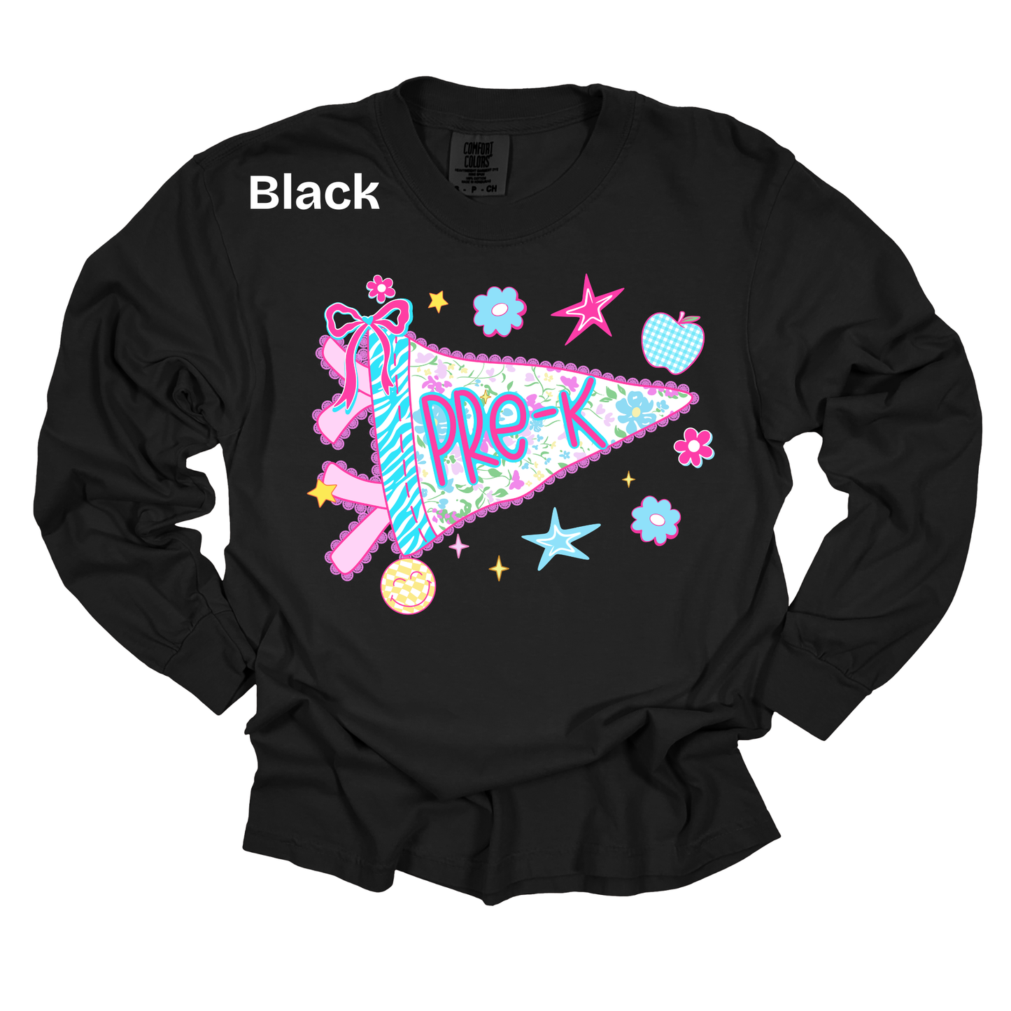 A black long-sleeve crewneck sweatshirt with a colorful graphic of a pink and blue pennant reading 'PRE-K' surrounded by stars, flowers, and hearts. The word 'Black' is printed in white near the upper left chest.