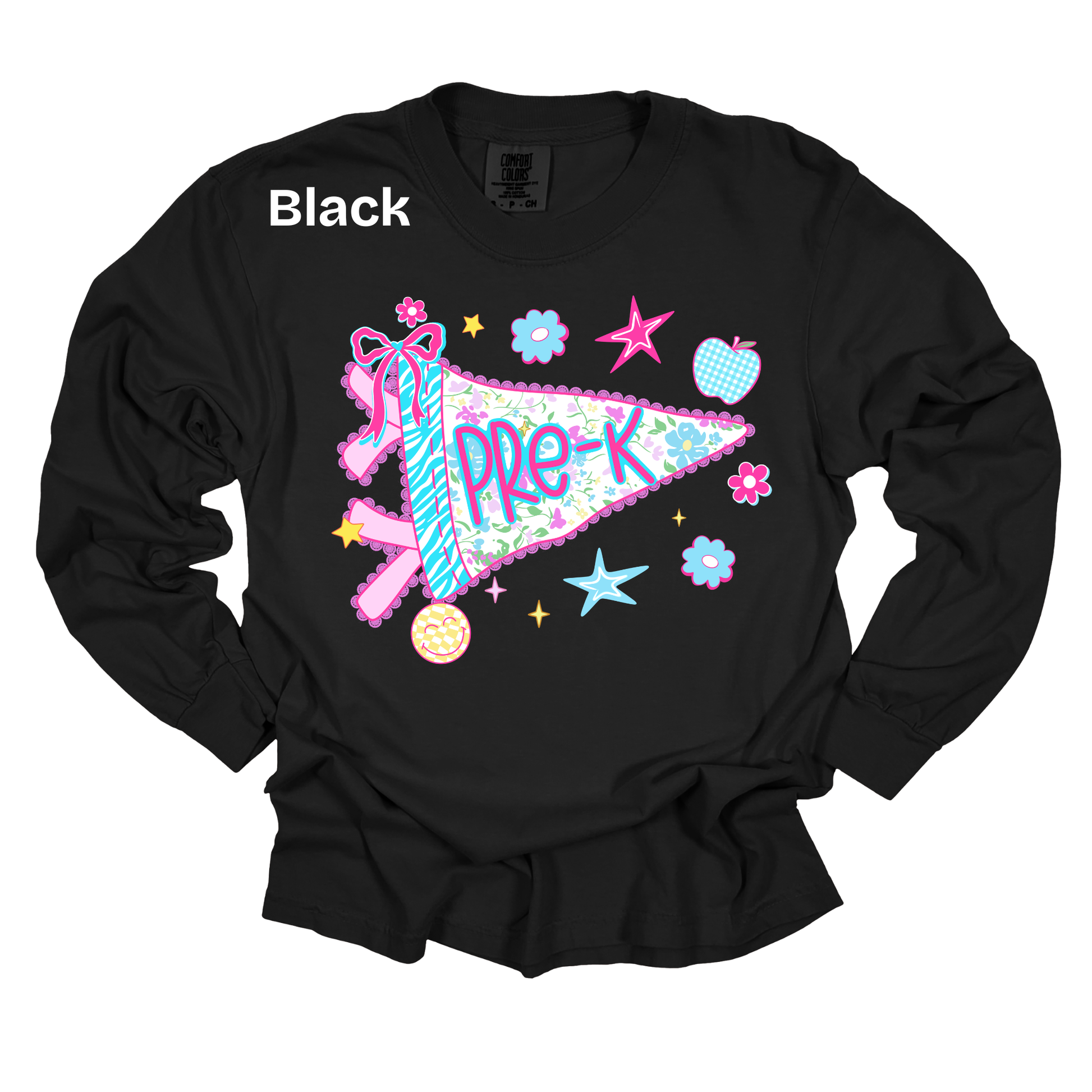 A black long-sleeve crewneck sweatshirt with a colorful graphic of a pink and blue pennant reading 'PRE-K' surrounded by stars, flowers, and hearts. The word 'Black' is printed in white near the upper left chest.