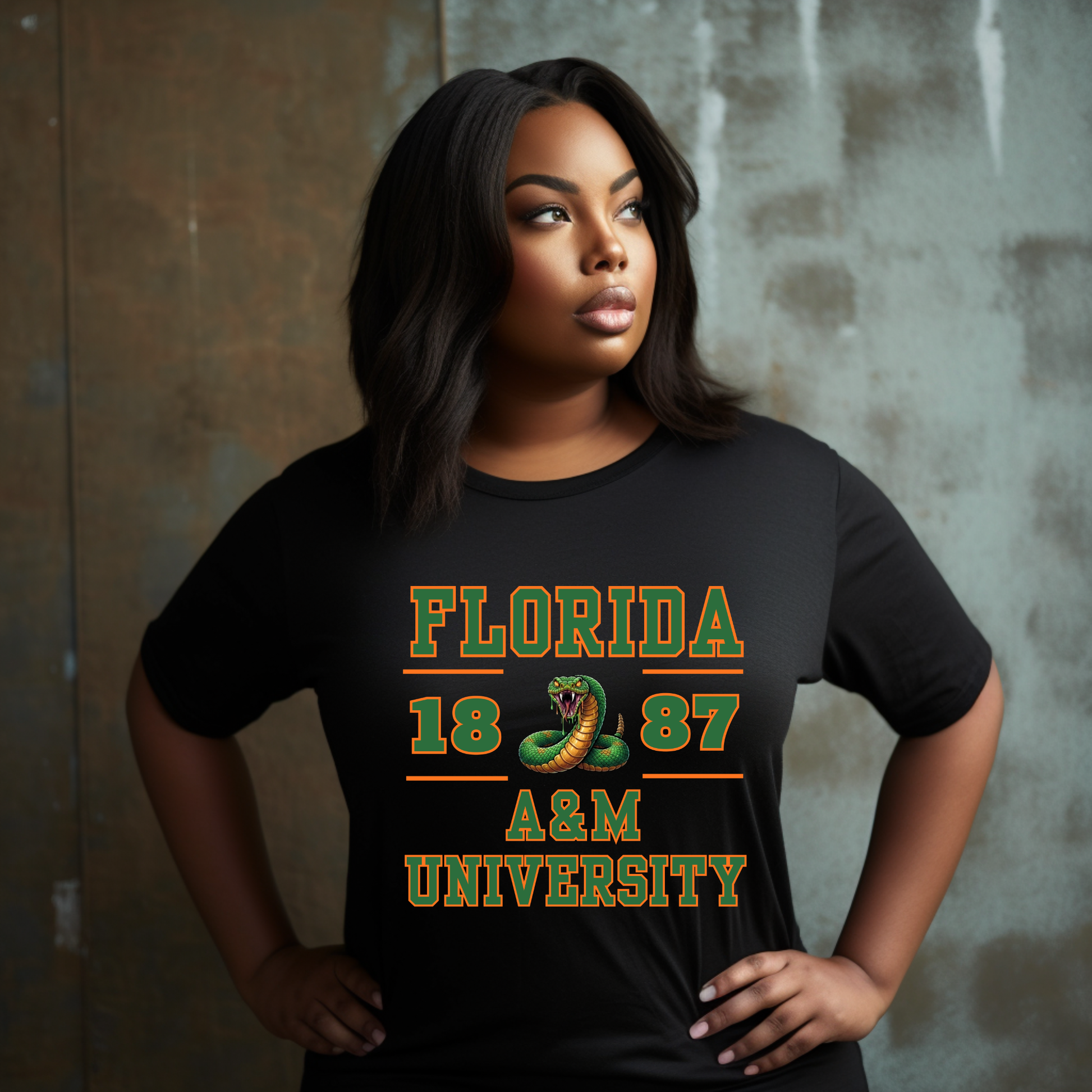 A woman wearing a black graphic t-shirt with 'FLORIDA 1887 A&M UNIVERSITY' and a snake graphic printed on the front, posed against a textured gray wall.