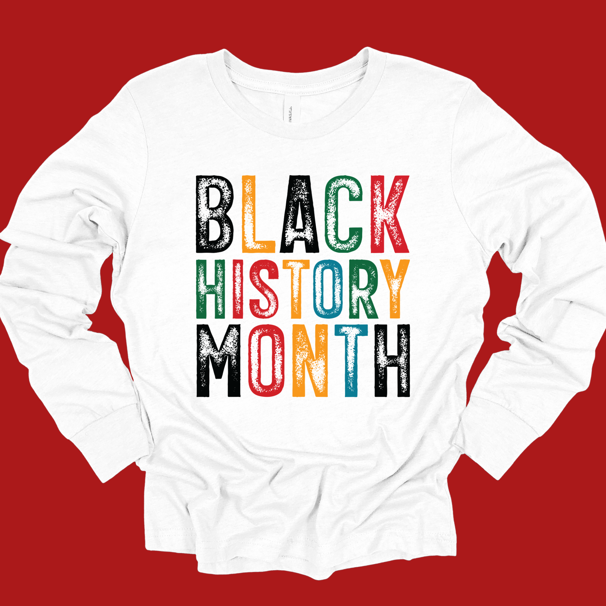 White long-sleeve shirt with 'Black History Month' text in multicolor on a red background