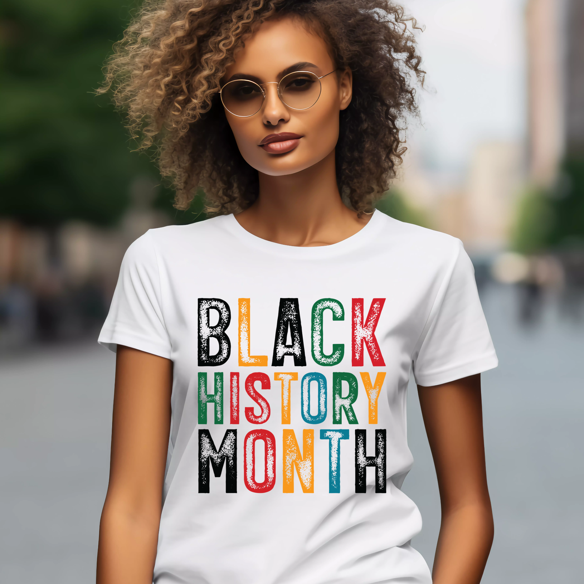 Woman wearing a white t-shirt with 'BLACK HISTORY MONTH' in colorful letters.