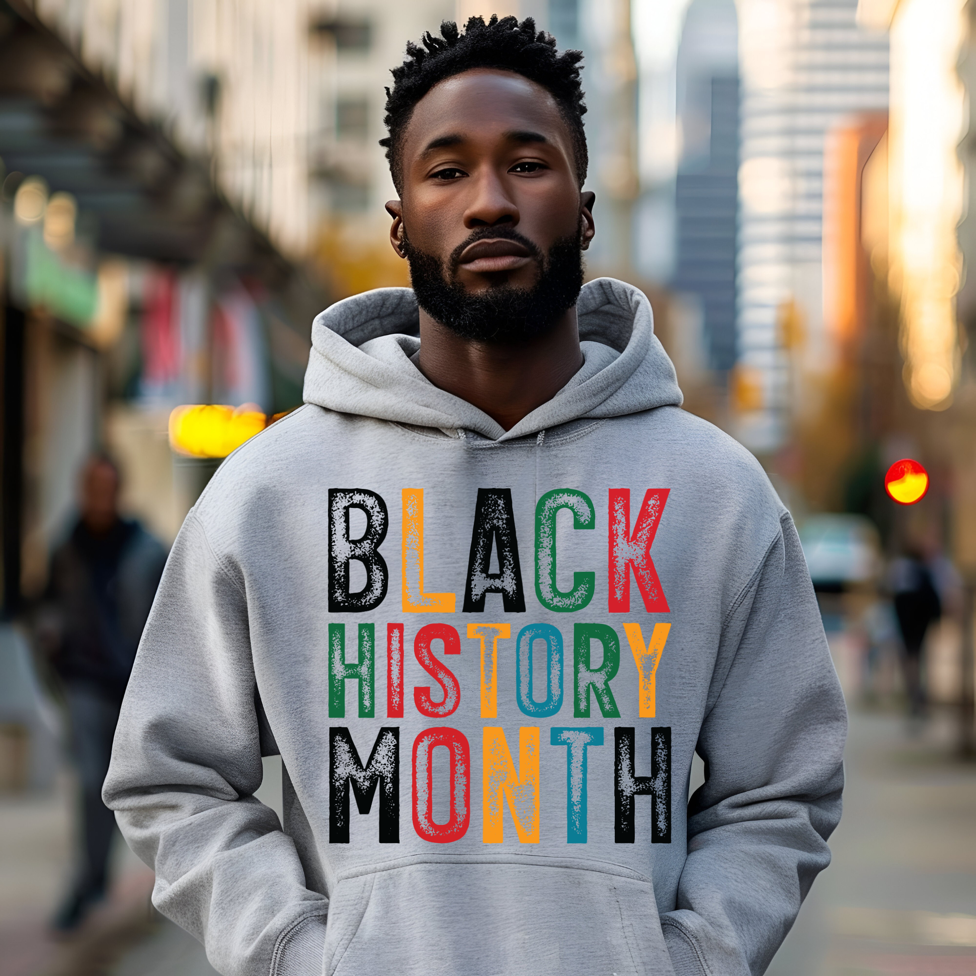 Man wearing a gray hoodie with 'Black History Month' in colorful letters on a city street.